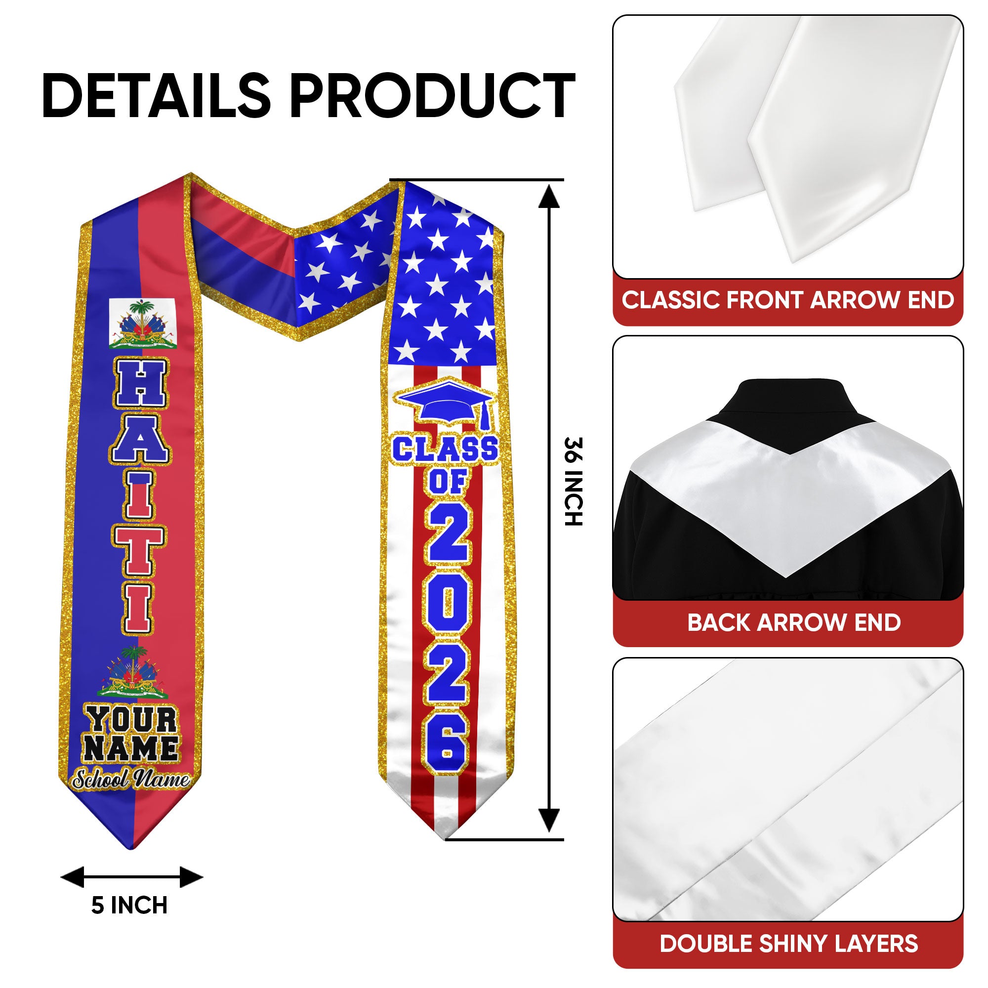Haiti Flag Graduation Stole 2026, Haitian Sash, Personalized Detail