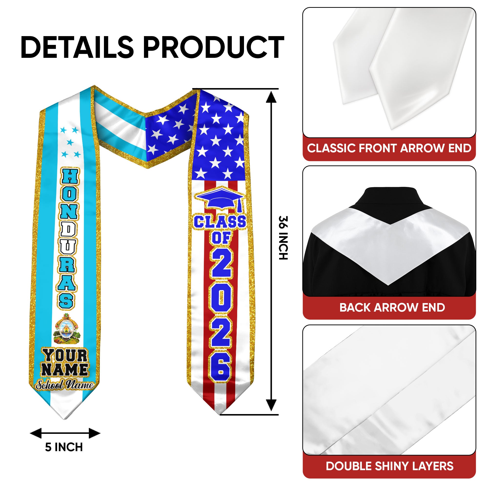Honduras Flag Graduation Stole 2026, Honduran Sash, Customizable Detail