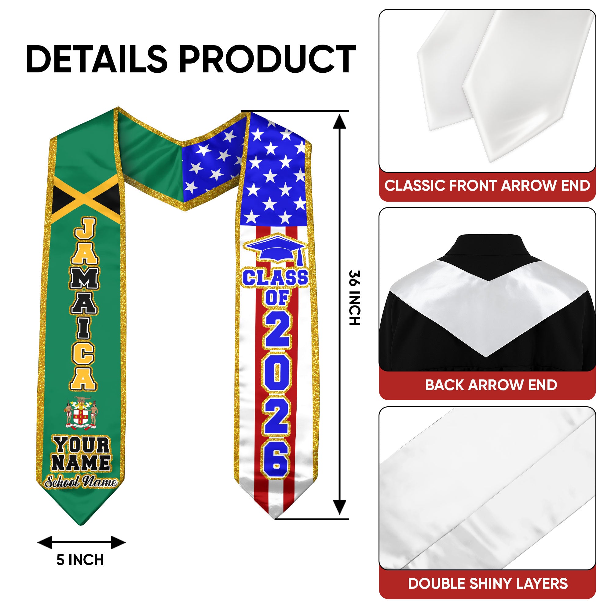 Jamaica Flag Graduation Stole 2026, Jamaican Sash, Personalized Detail