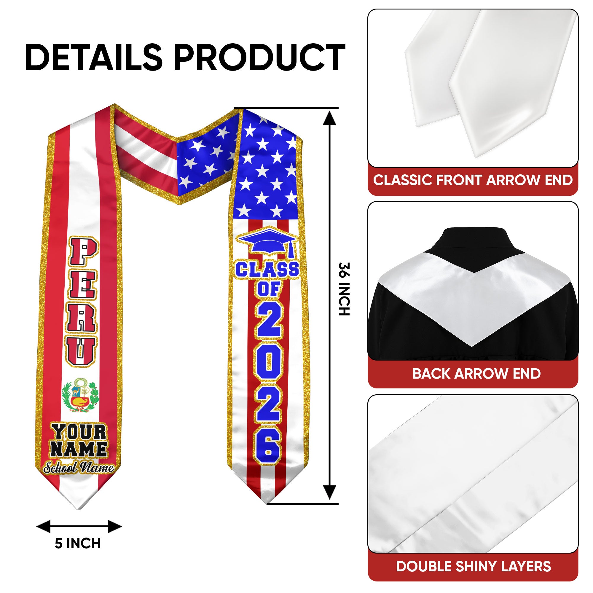 Customized Graduation Stole Peru, Peru Flag Graduation Sash, Custom Stole for Graduation 2026