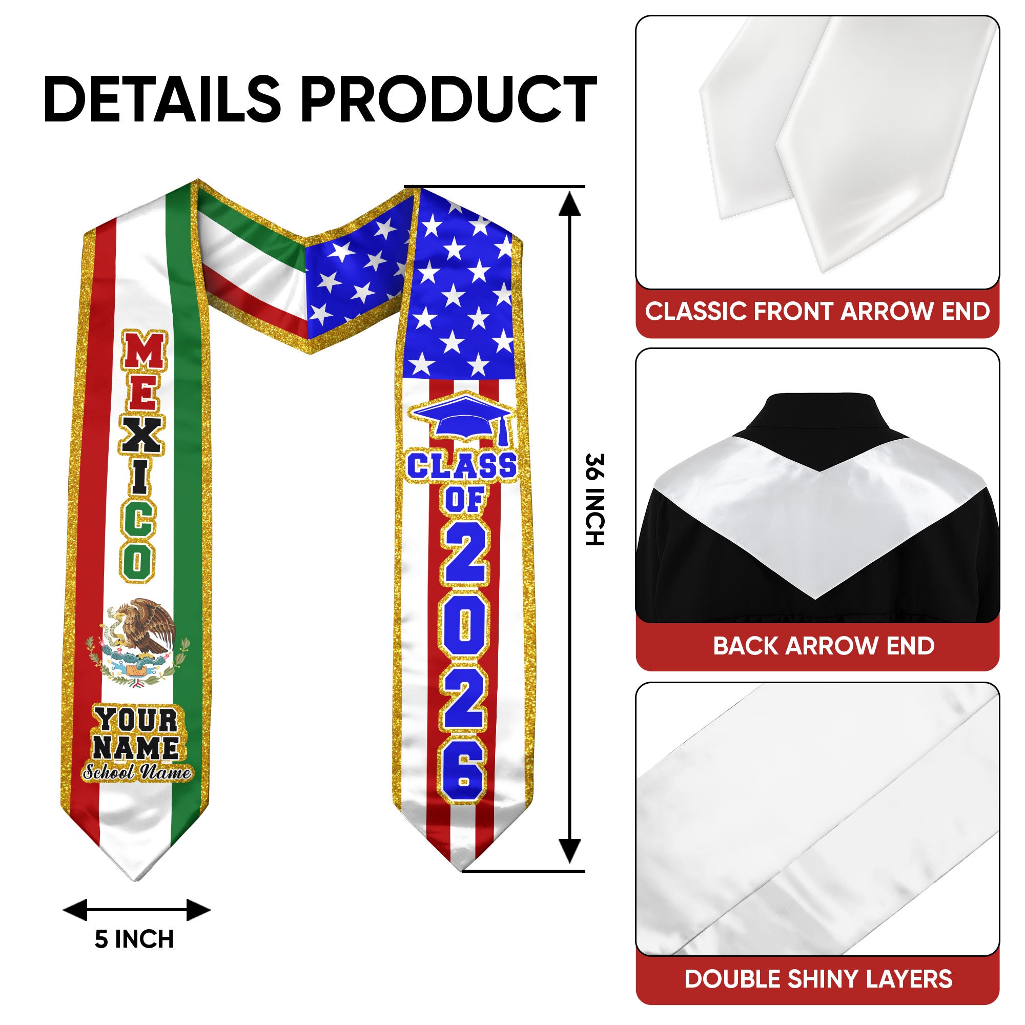 Mexico Graduation Stole 2026, Mexican Flag Sash, Personal Detail Option for Proud Grads