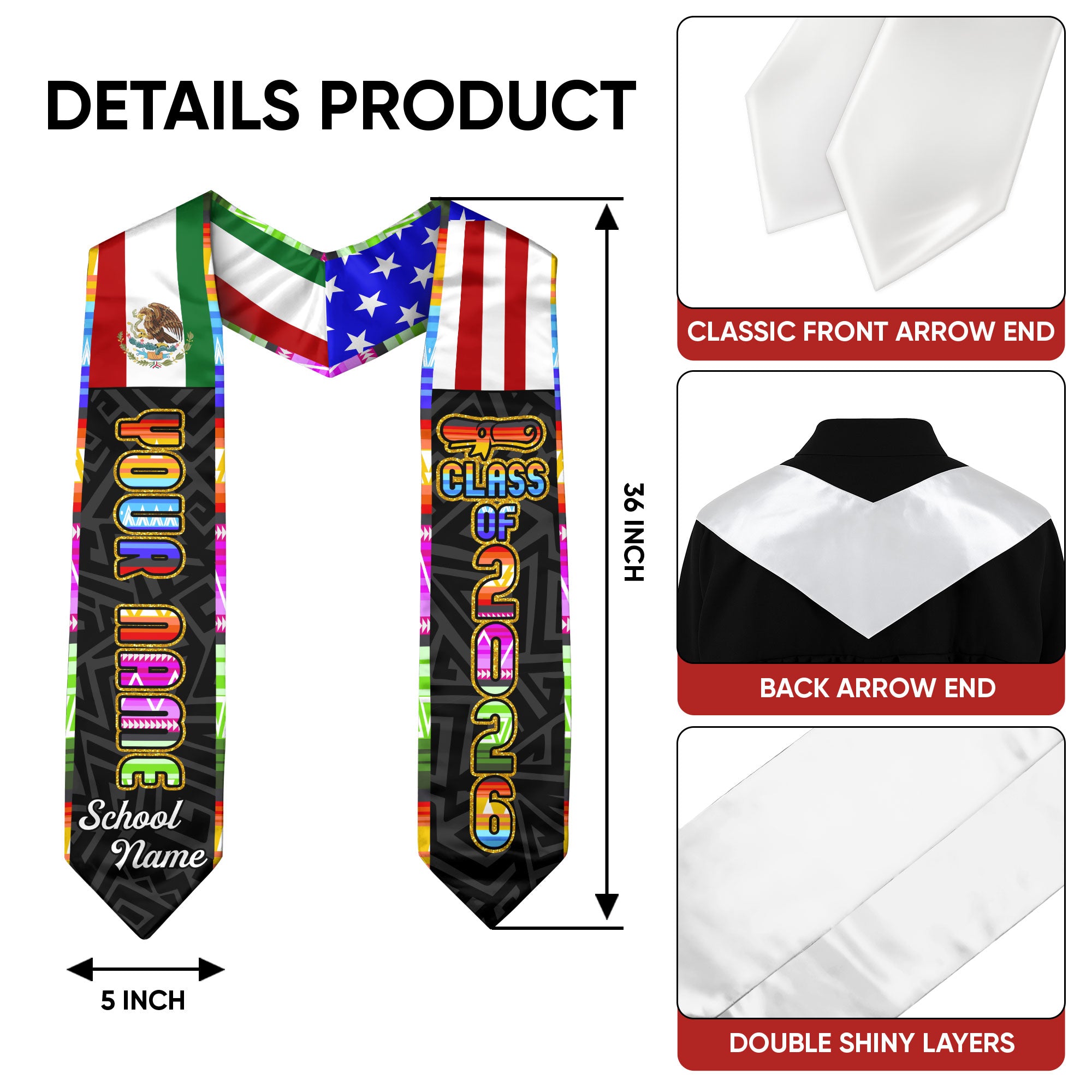 2026 Mexico Graduation Stole, Mexican American Flag Sash, Add a Personal Detail Option