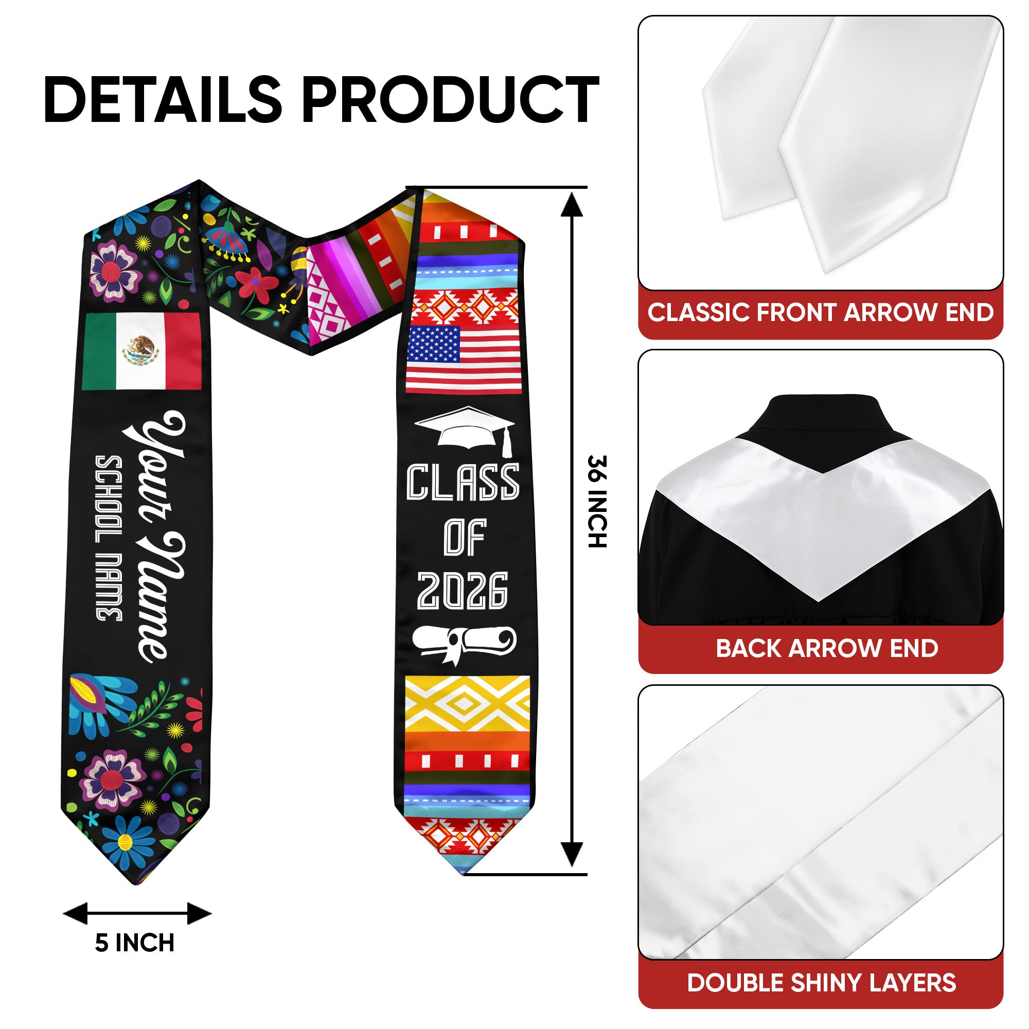 Mexican Flag Graduation Stole 2026, Mexico Sash, Optional Personalized Detail for Grads