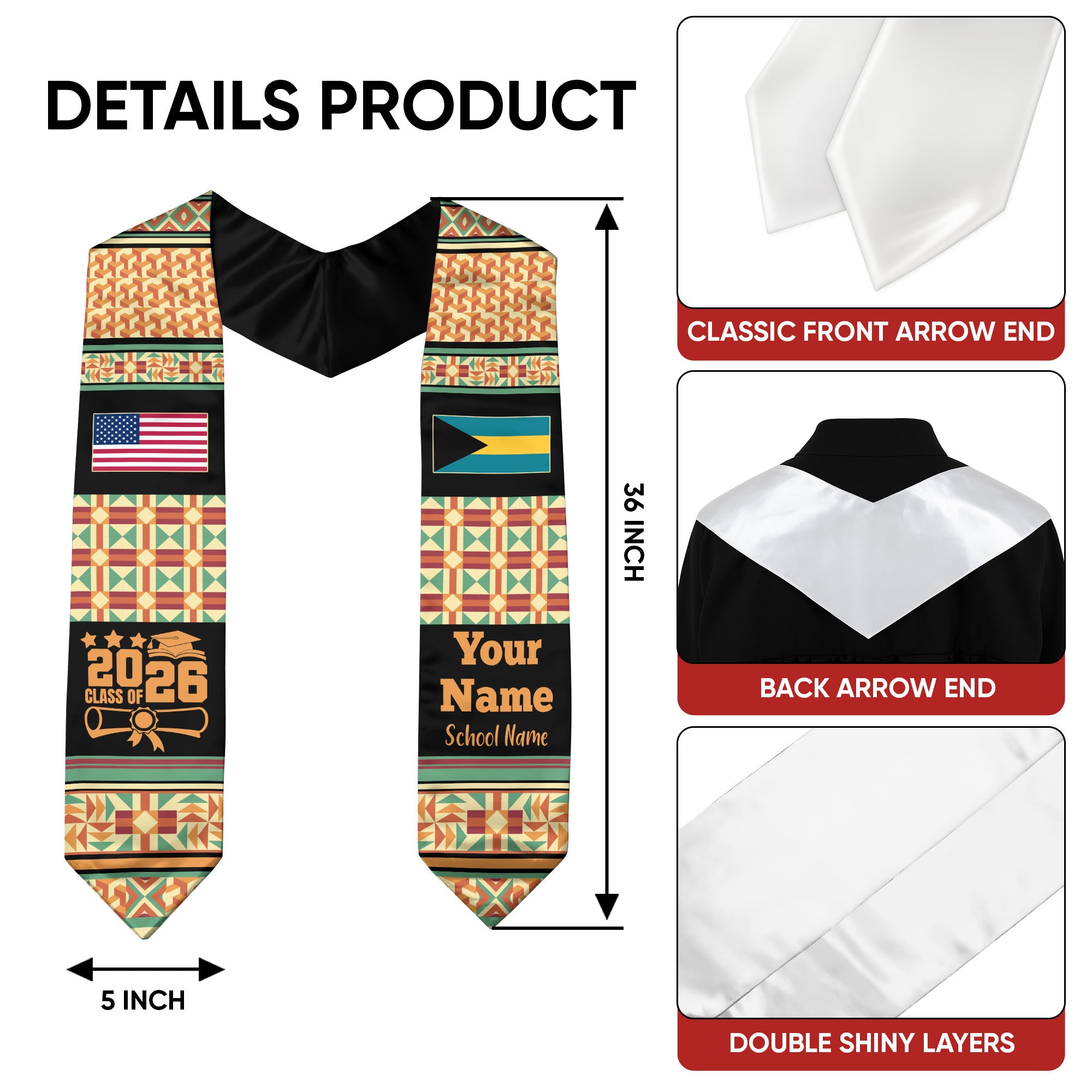 Customized Bahamas Graduation Stole Featuring Island Flag Motif, Graduation Sash for Class of 2026