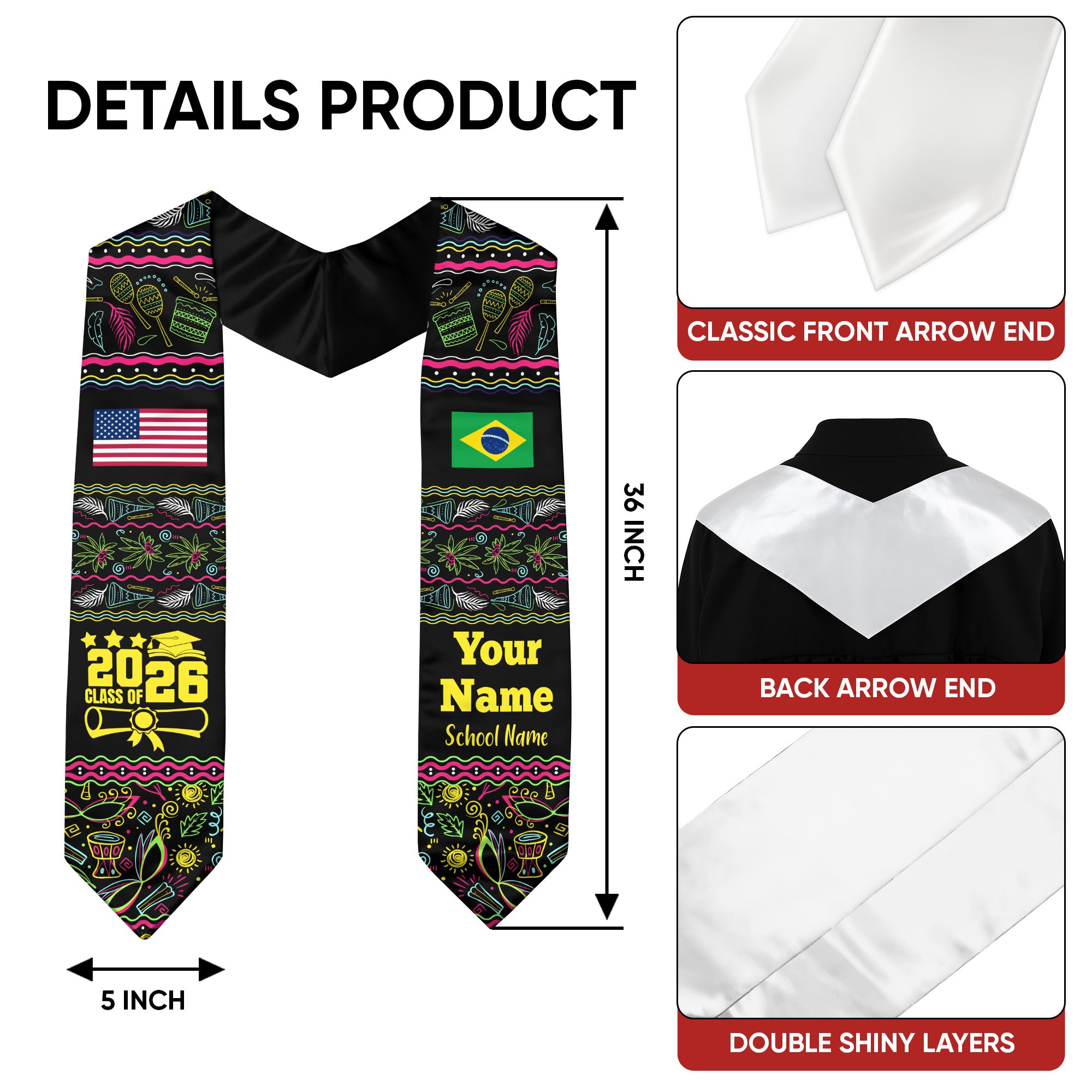 Customized Brazil Graduation Stole Featuring National Flag Motif, Graduation Sash for Class of 2026