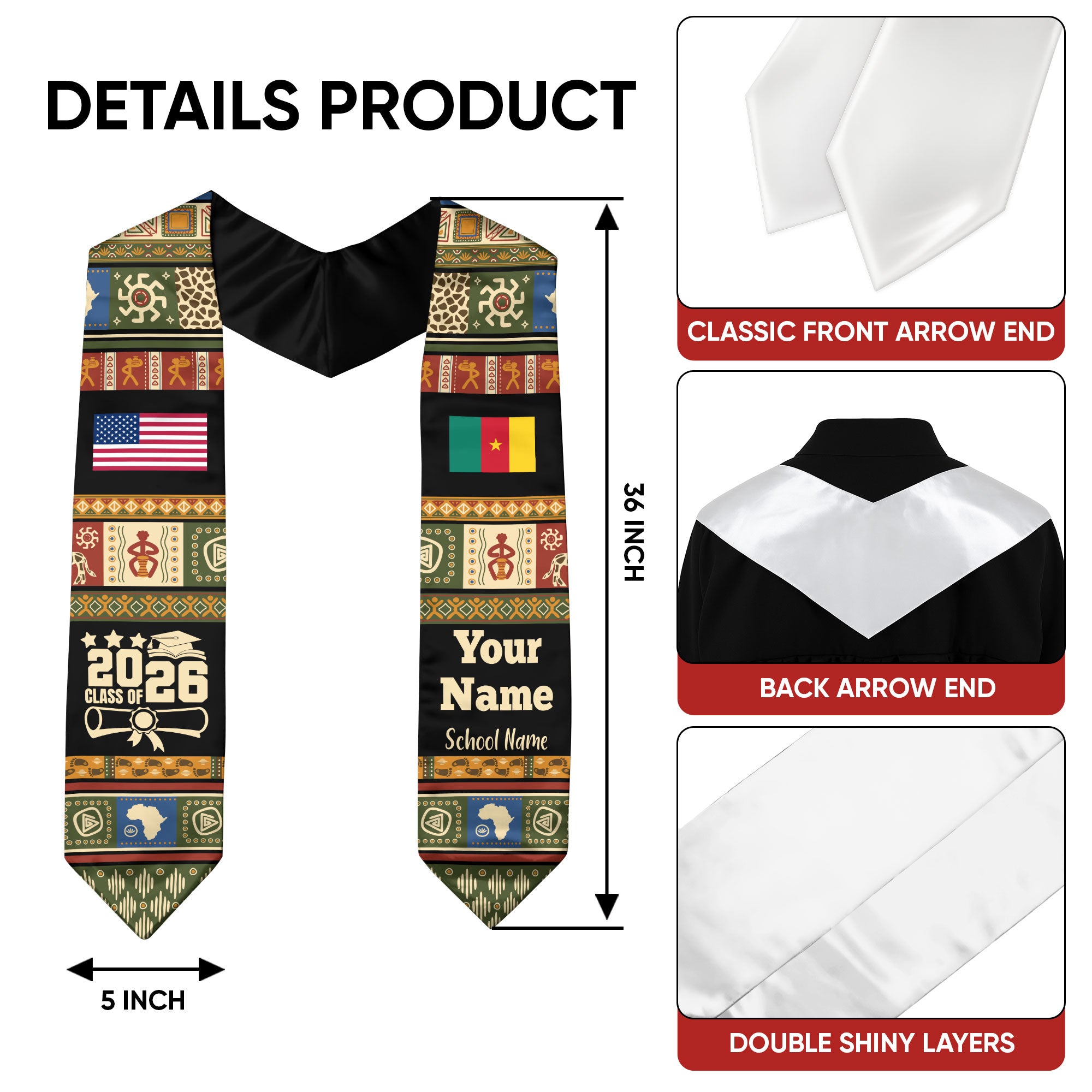 Customized Cameroon Graduation Stole Featuring National Flag Motif, Graduation Sash for Class of 2026