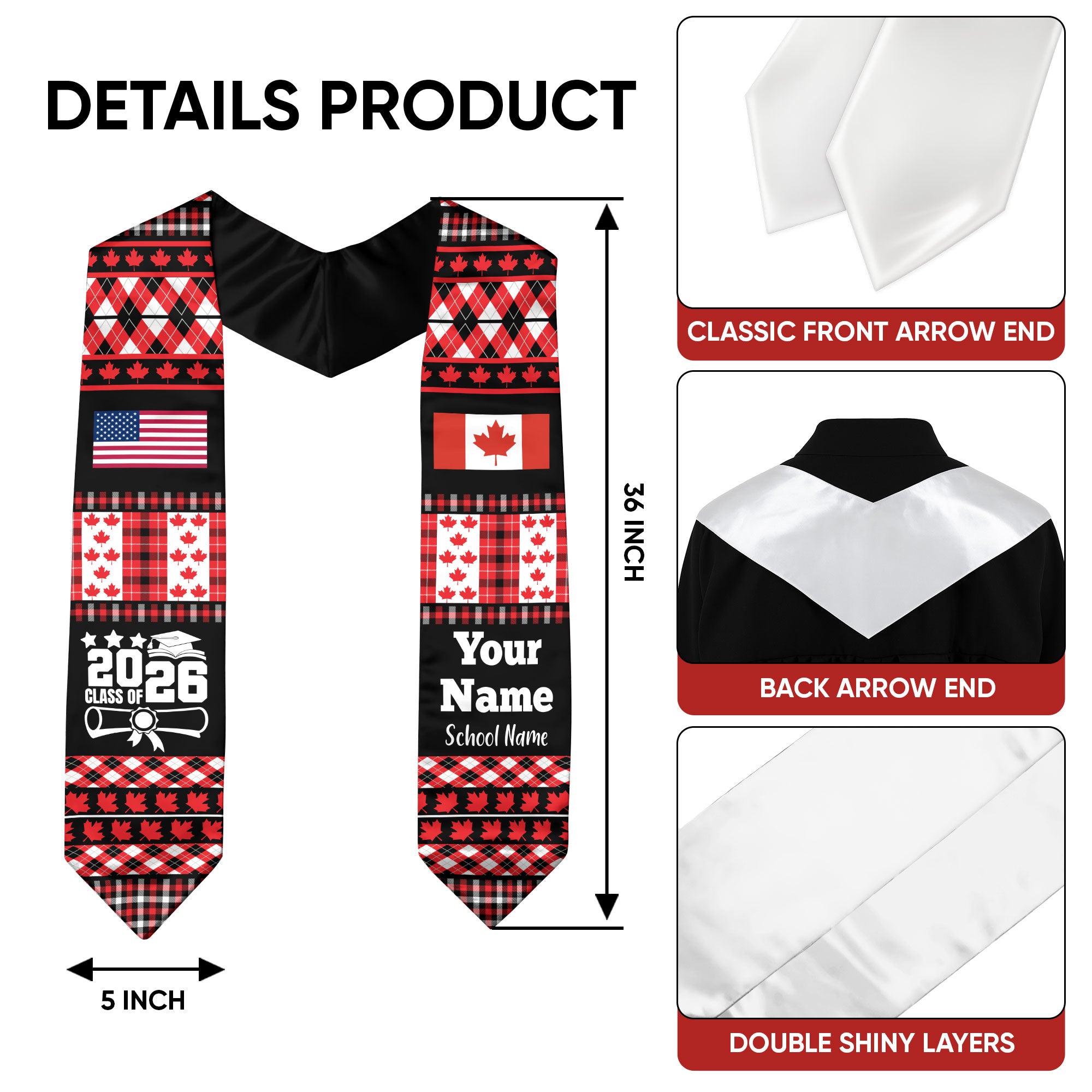 Customized Canada Graduation Stole Featuring National Flag Motif, Graduation Sash for Class of 2026