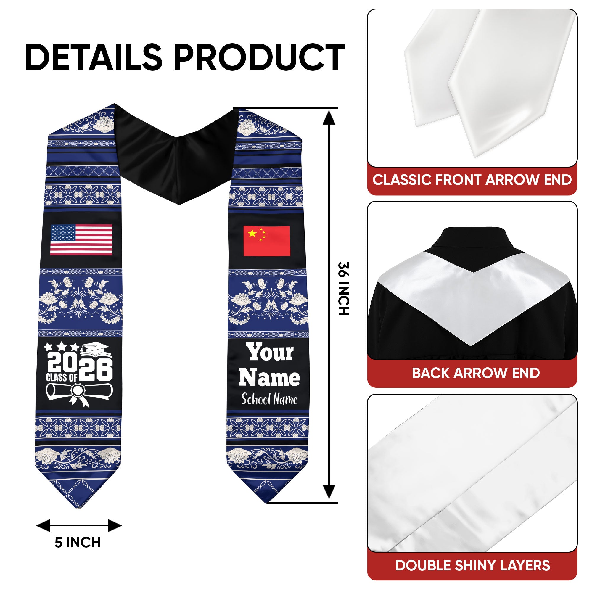 Customized China Graduation Stole Featuring National Flag Motif, Graduation Sash for Class of 2026