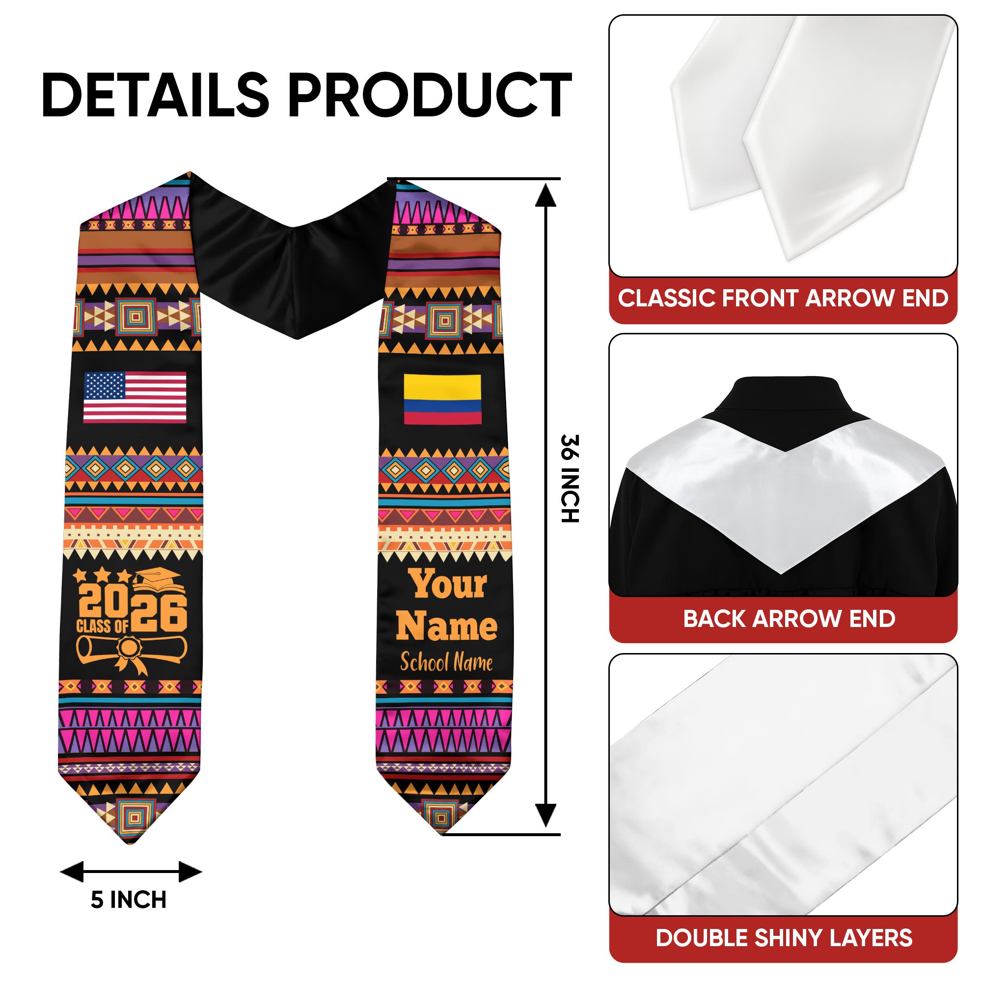 Customized Colombia Graduation Stole Featuring National Flag Motif, Graduation Sash for Class of 2026