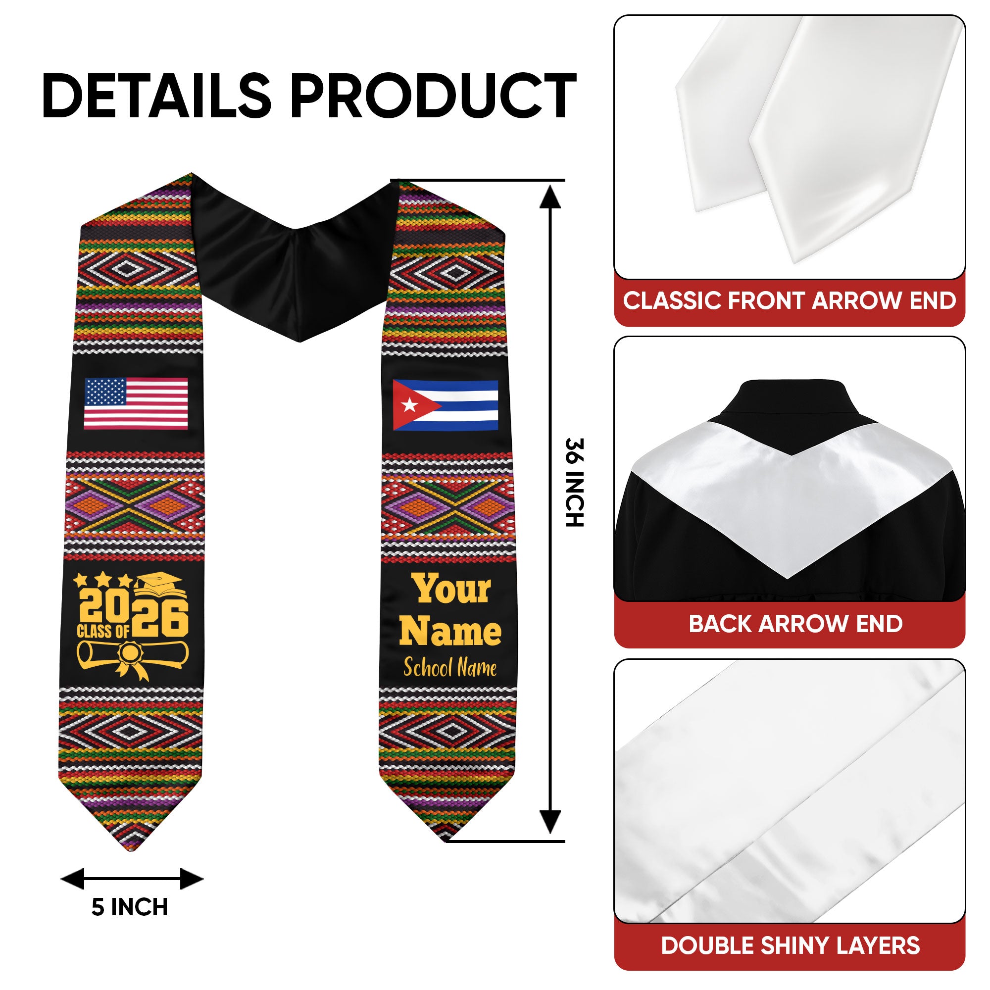 Customized Cuba Graduation Stole Featuring National Flag Motif, Graduation Sash for Class of 2026