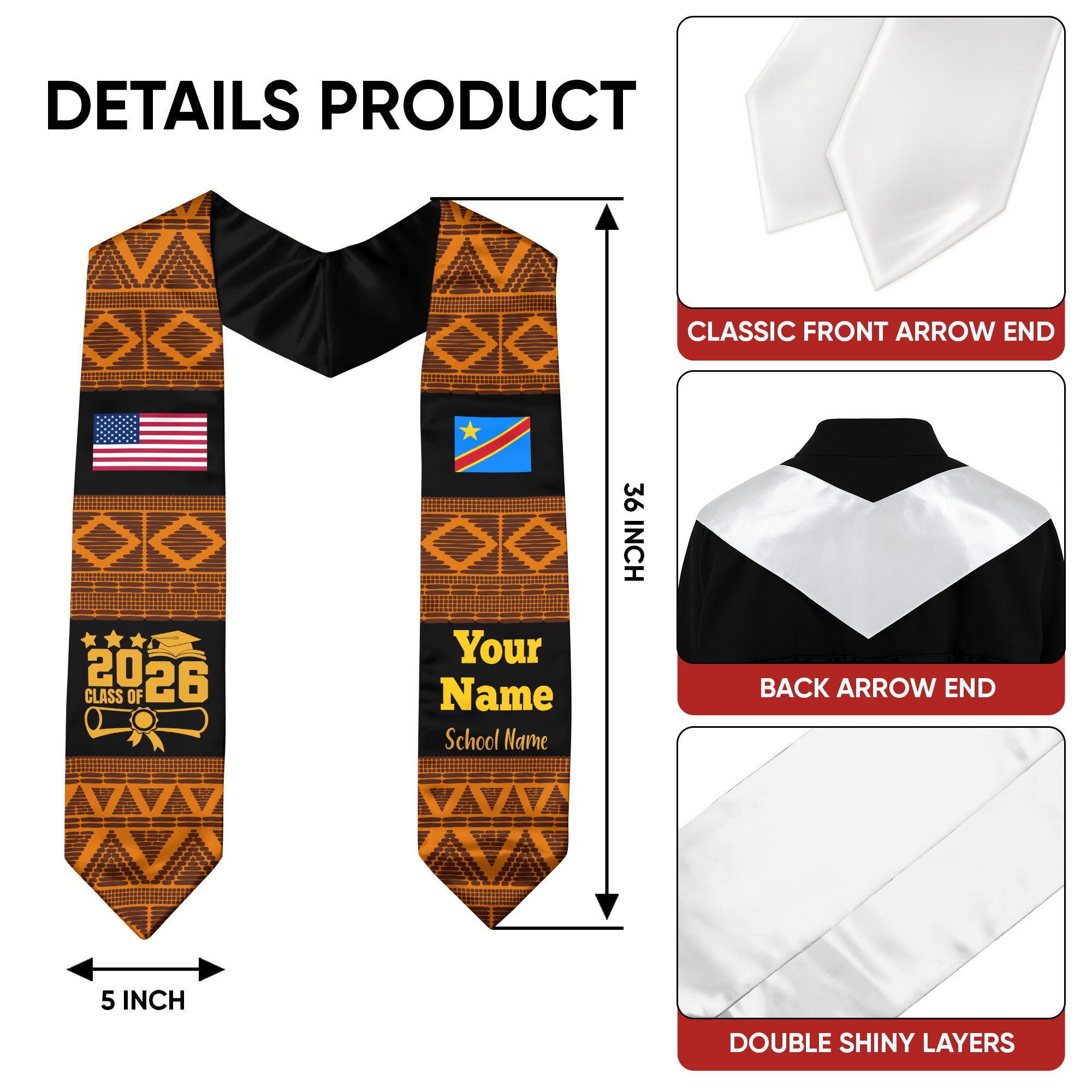 Customized DR Congo Graduation Stole Featuring National Flag Motif, Graduation Sash for Class of 2026