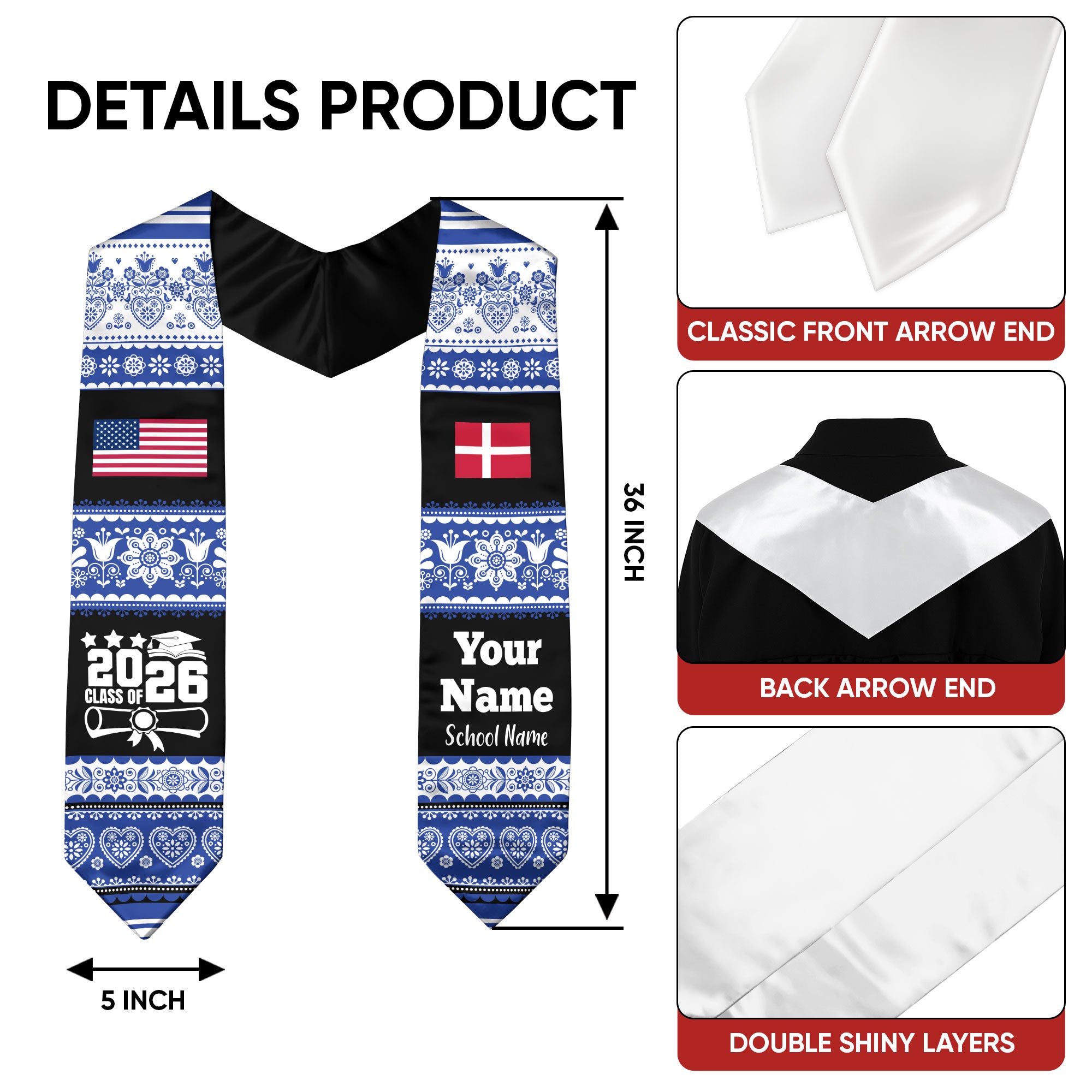 Customized Denmark Graduation Stole Featuring National Flag Motif, Graduation Sash for Class of 2026