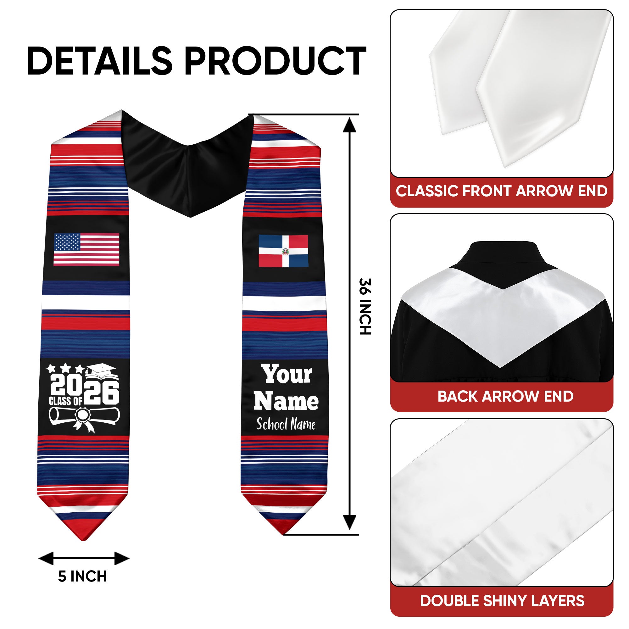Customized Dominican Republic Graduation Stole Featuring Flag Motif, Graduation Sash for Class of 2026