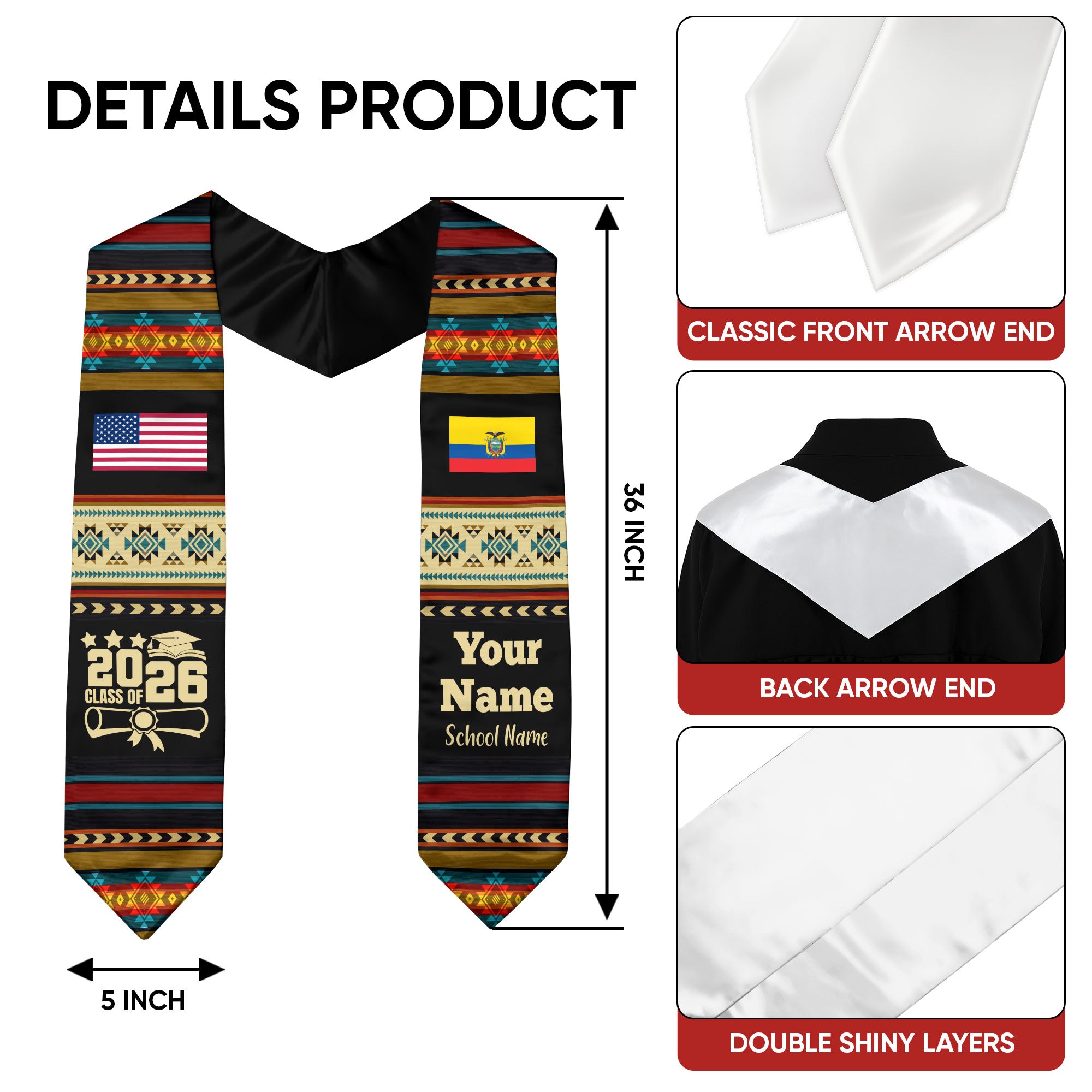 Customized Ecuador Graduation Stole Featuring National Flag Motif, Graduation Sash for Class of 2026