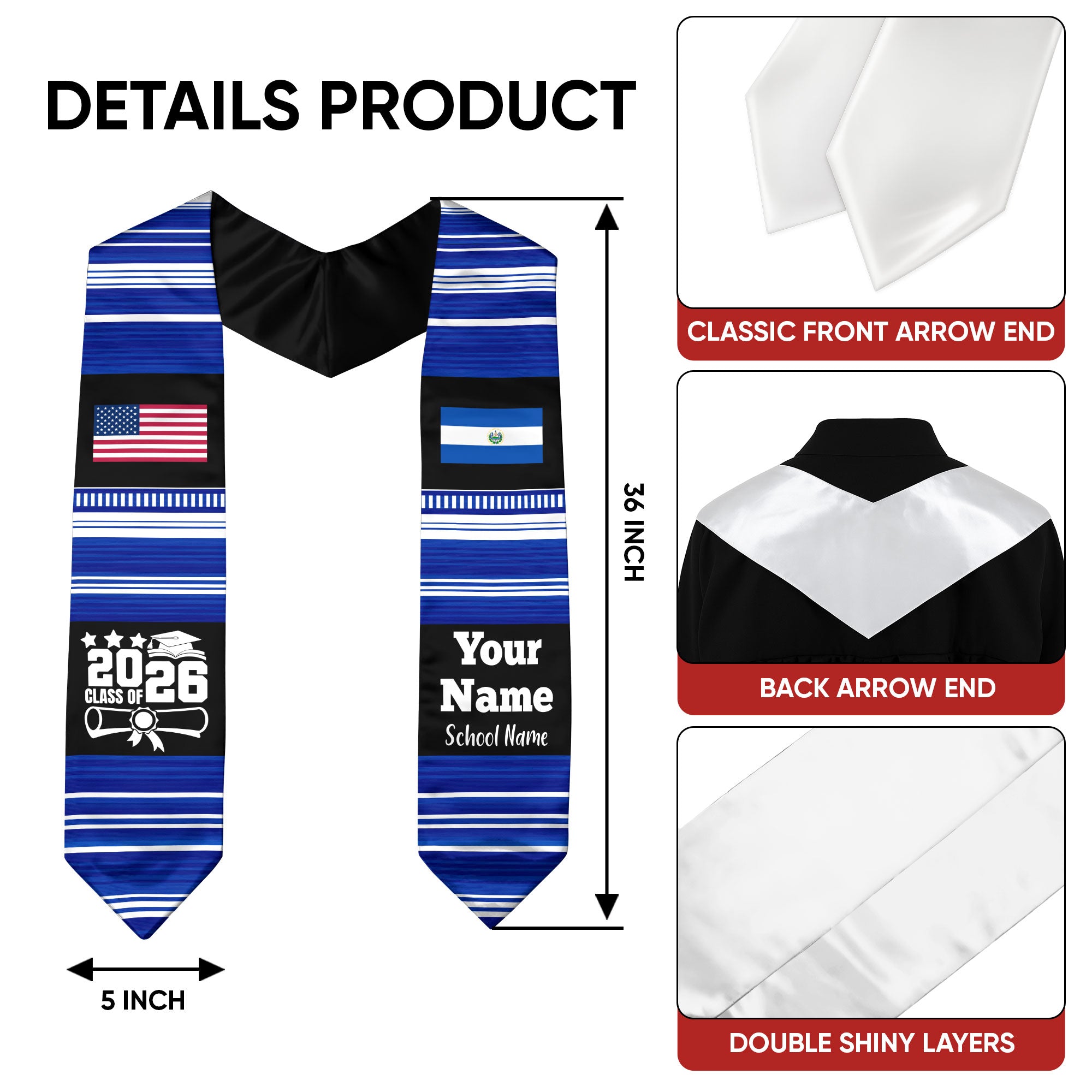 Customized El Salvador Graduation Stole Featuring National Flag Motif, Graduation Sash for Class of 2026
