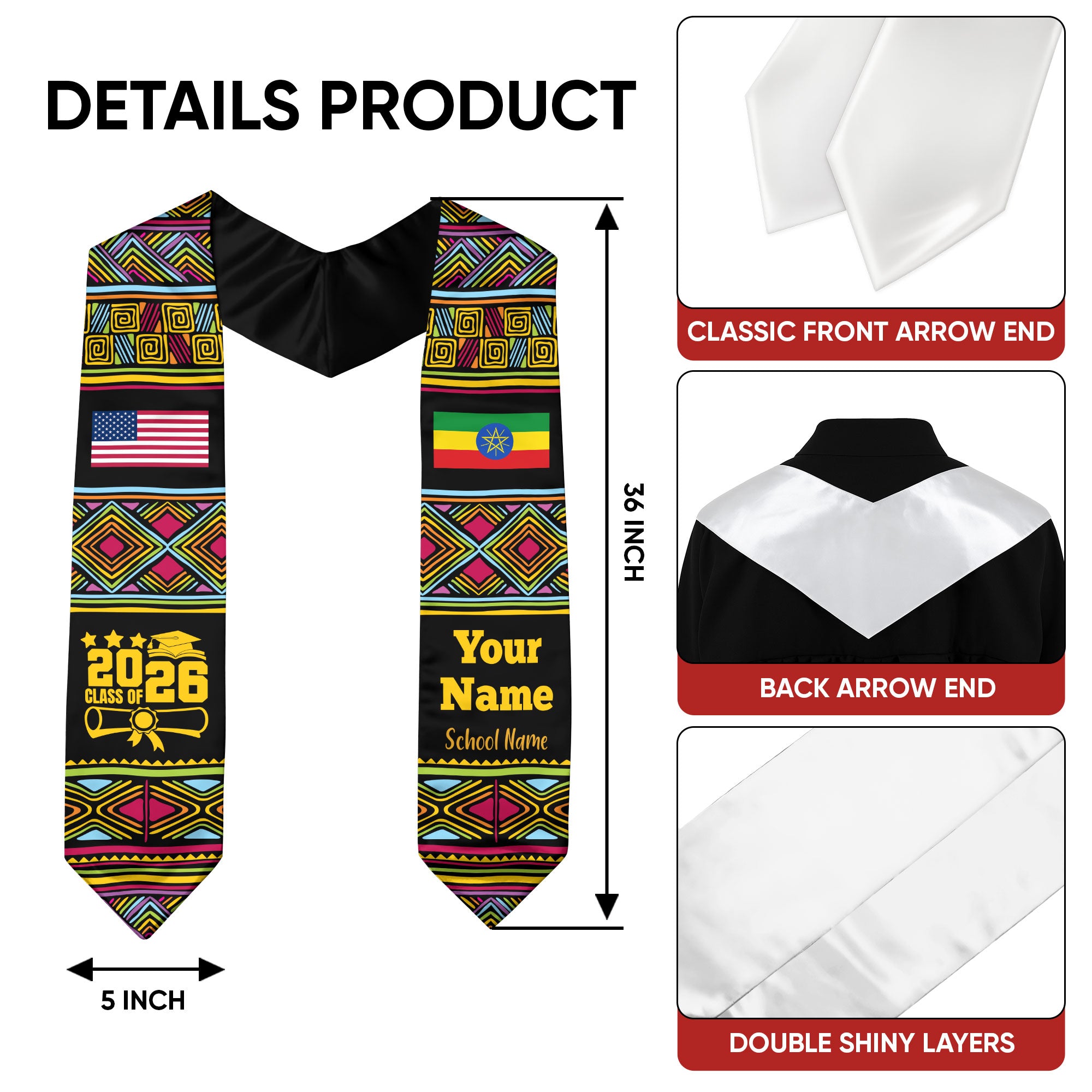 Customized Ethiopia Graduation Stole Featuring National Flag Motif, Graduation Sash for Class of 2026