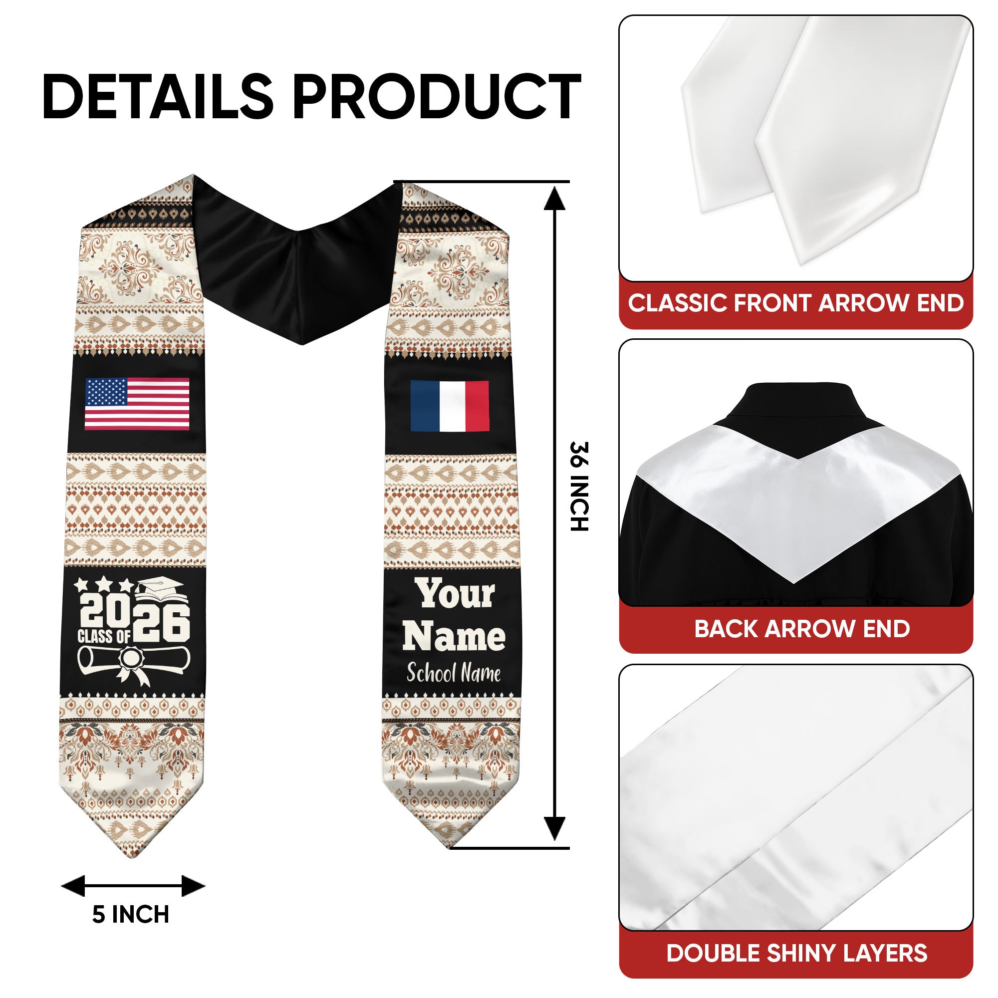 Customized France Graduation Stole Featuring National Flag Motif, Graduation Sash for Class of 2026