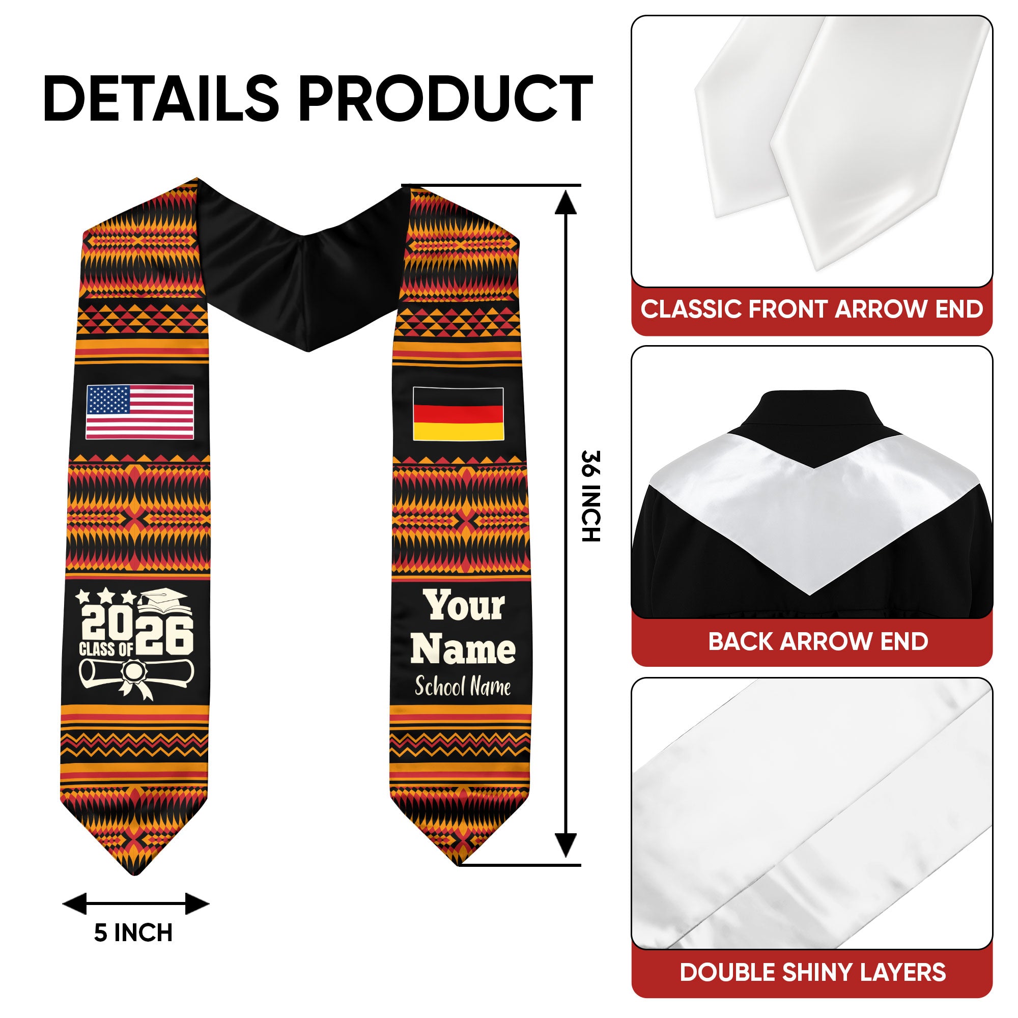 Customized Germany Graduation Stole Featuring National Flag Motif, Graduation Sash for Class of 2026