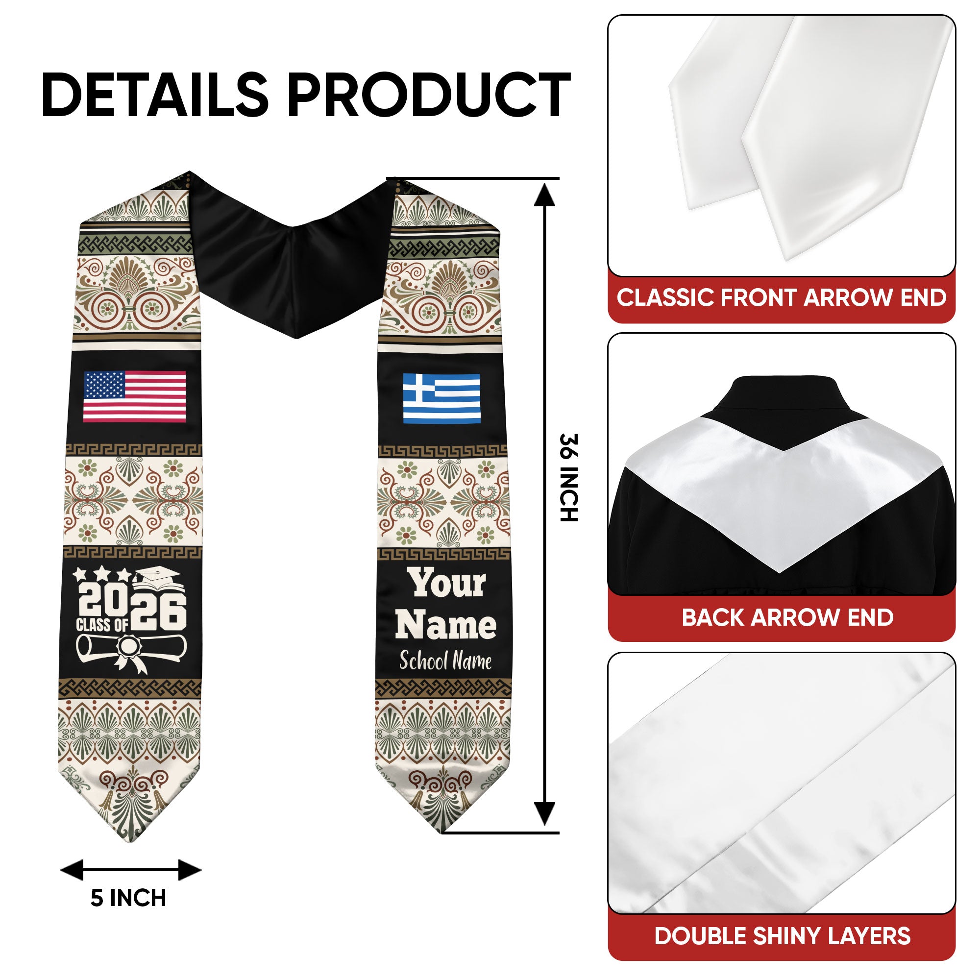 Customized Greece Graduation Stole Featuring National Flag Motif, Graduation Sash for Class of 2026