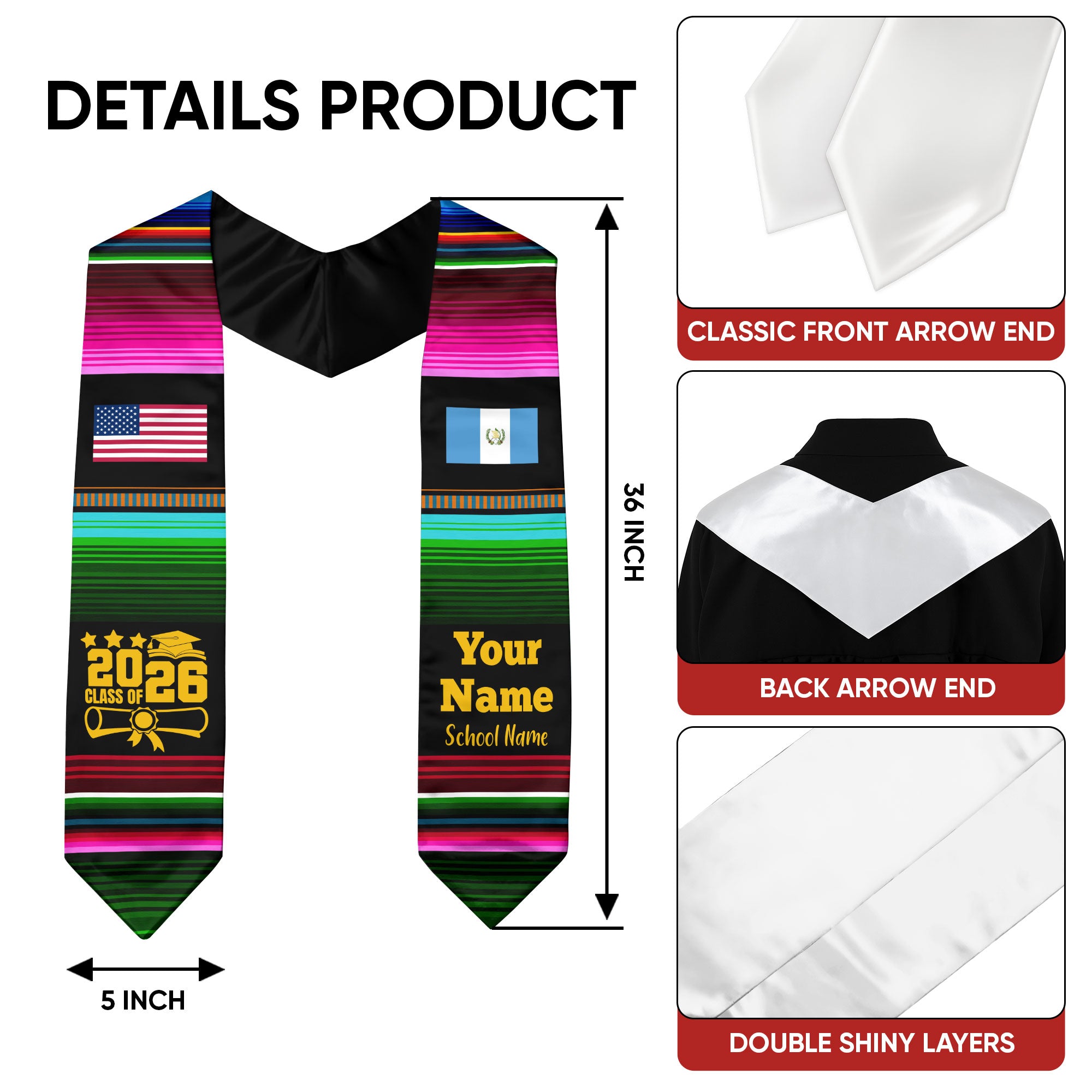 Customized Guatemala Graduation Stole Featuring National Flag Motif, Graduation Sash for Class of 2026