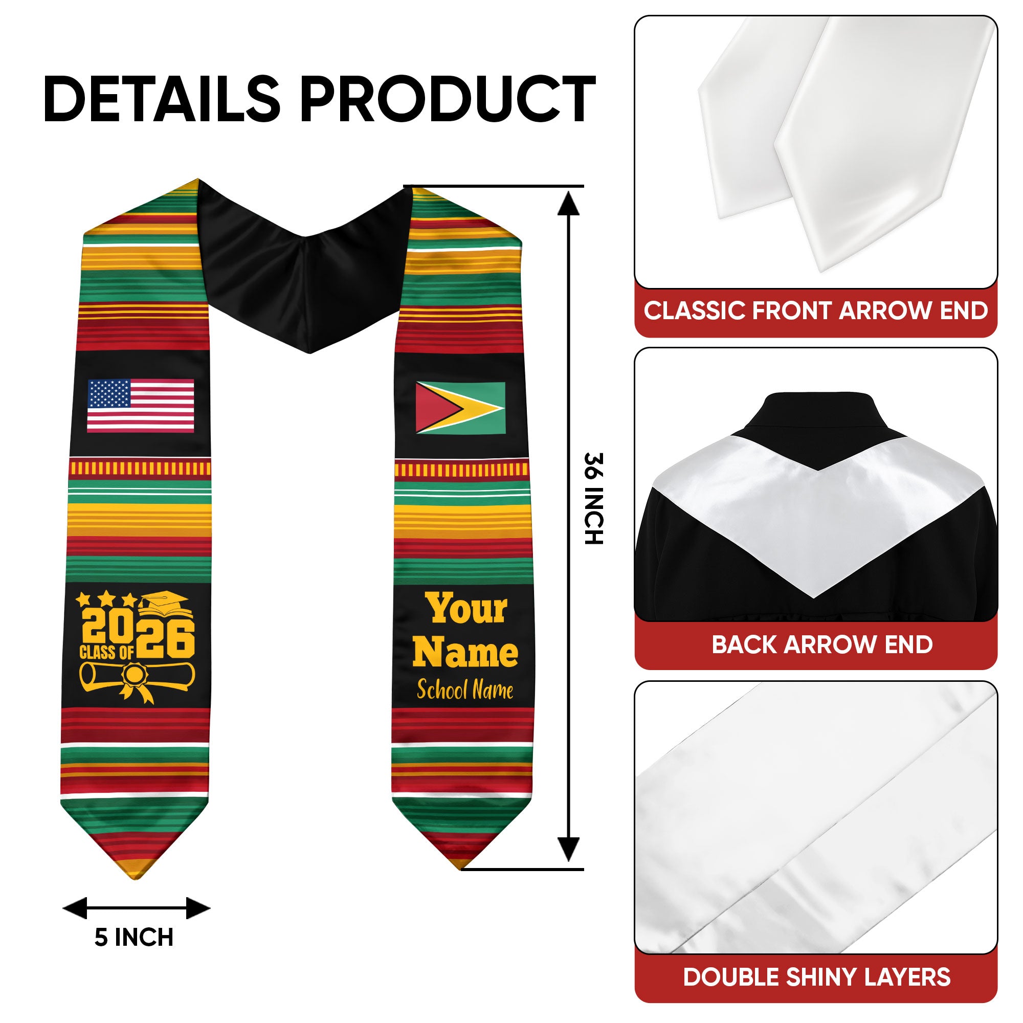 Customized Guyana Graduation Stole Featuring National Flag Motif, Graduation Sash for Class of 2026