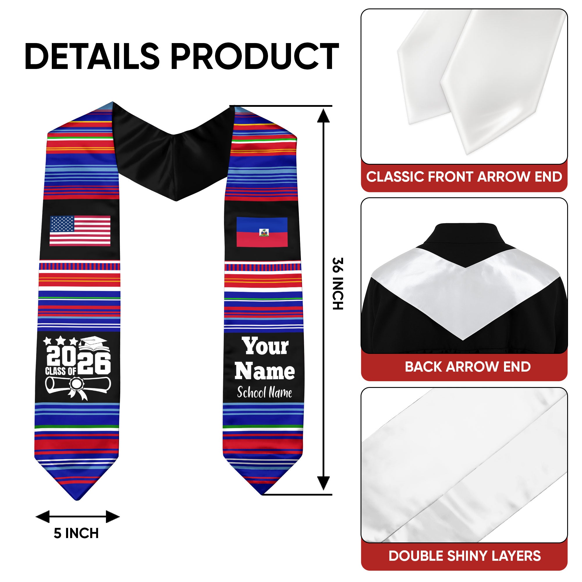 Customized Haiti Graduation Stole Featuring National Flag Motif, Graduation Sash for Class of 2026