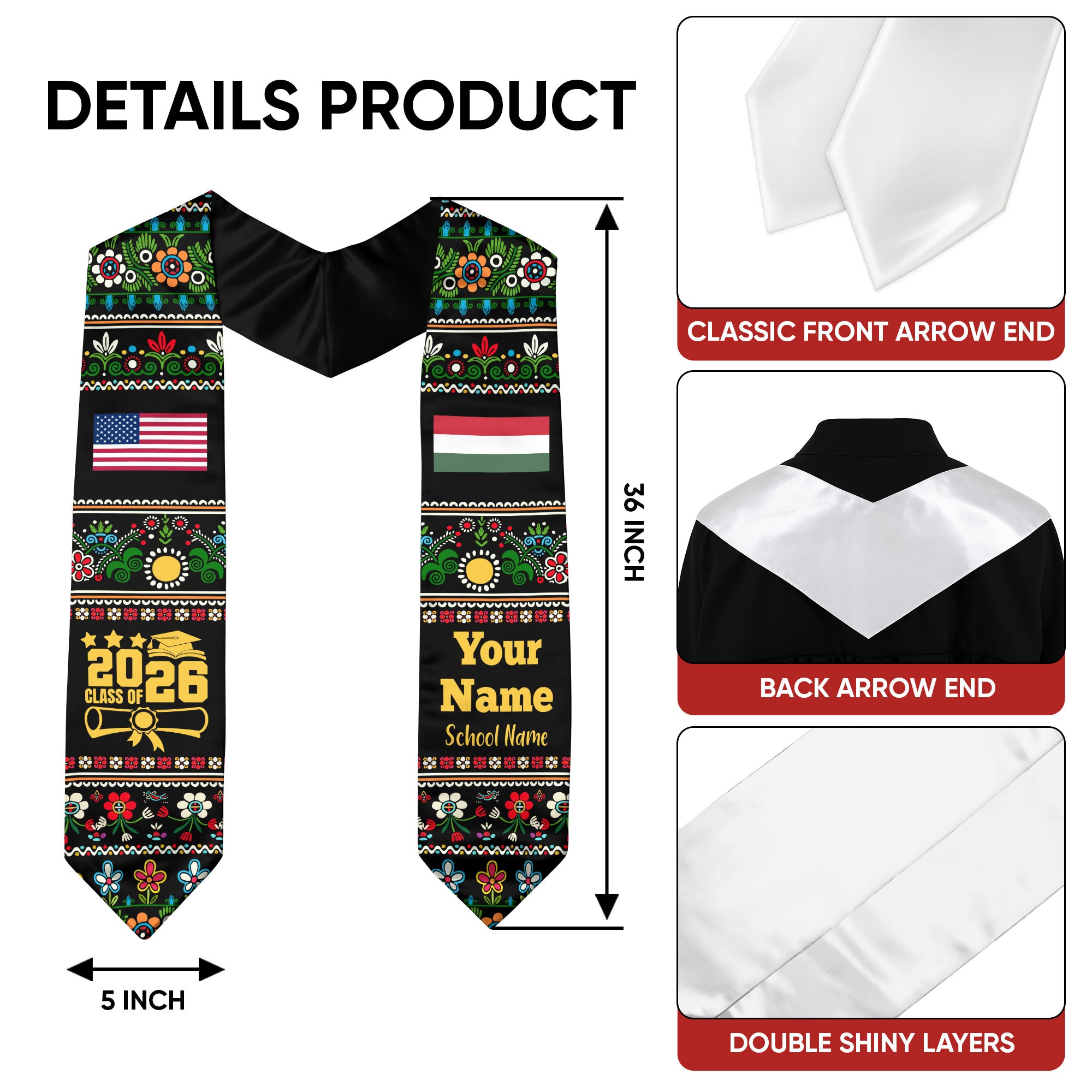 Customized Hungary Graduation Stole Featuring National Flag Motif, Graduation Sash for Class of 2026