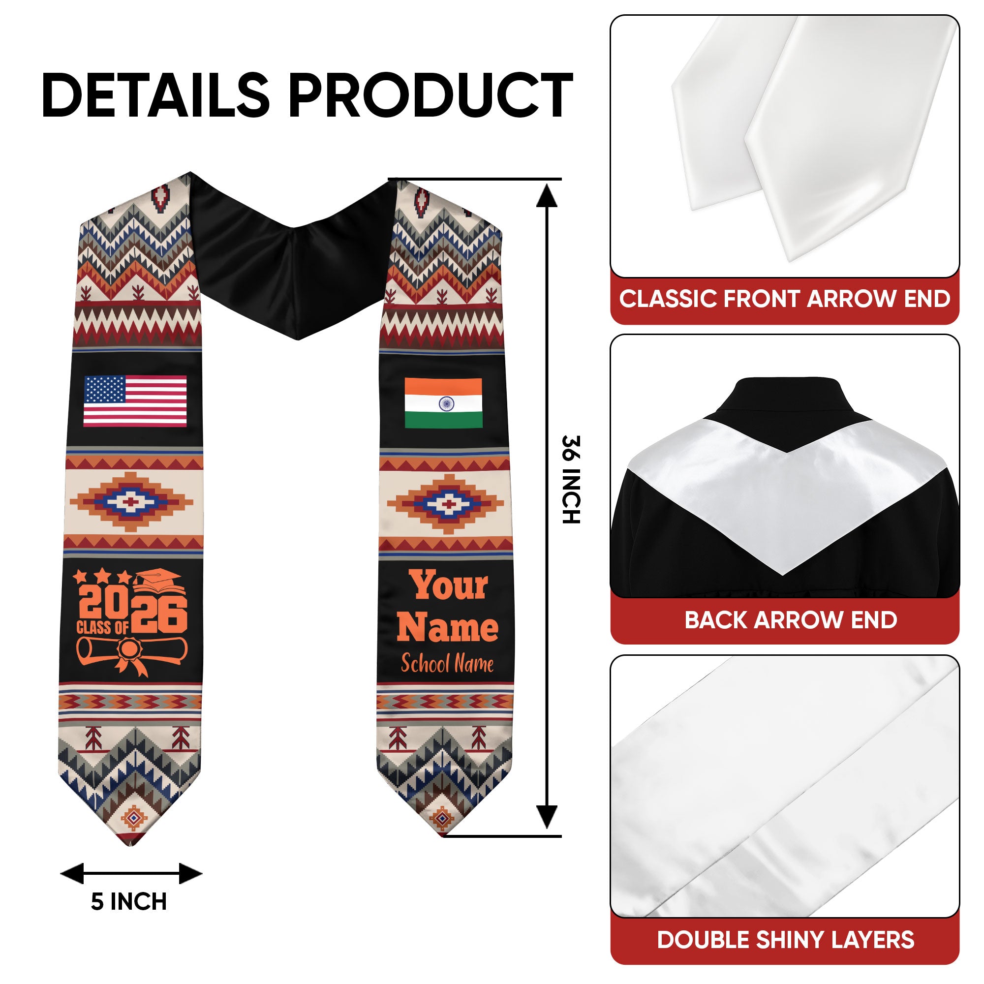 Customized India Graduation Stole Featuring National Flag Motif, Graduation Sash for Class of 2026