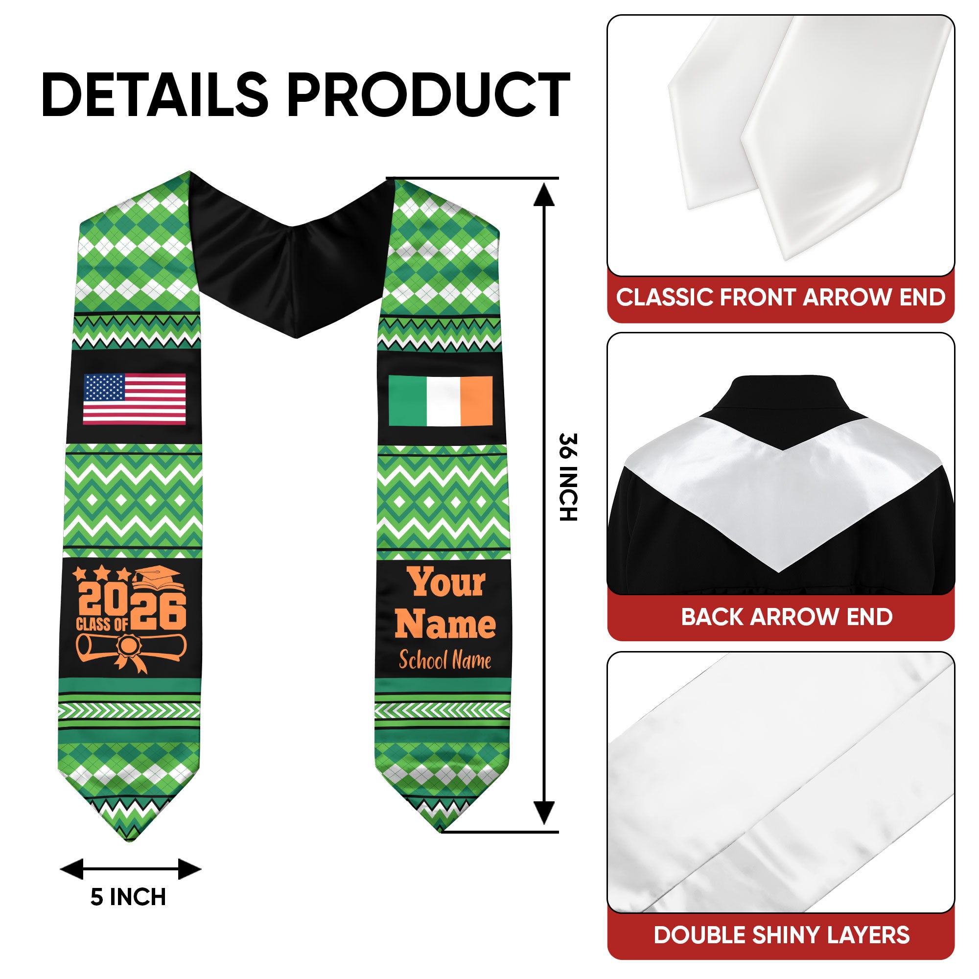 Customized Ireland Graduation Stole Featuring National Flag Motif, Graduation Sash for Class of 2026