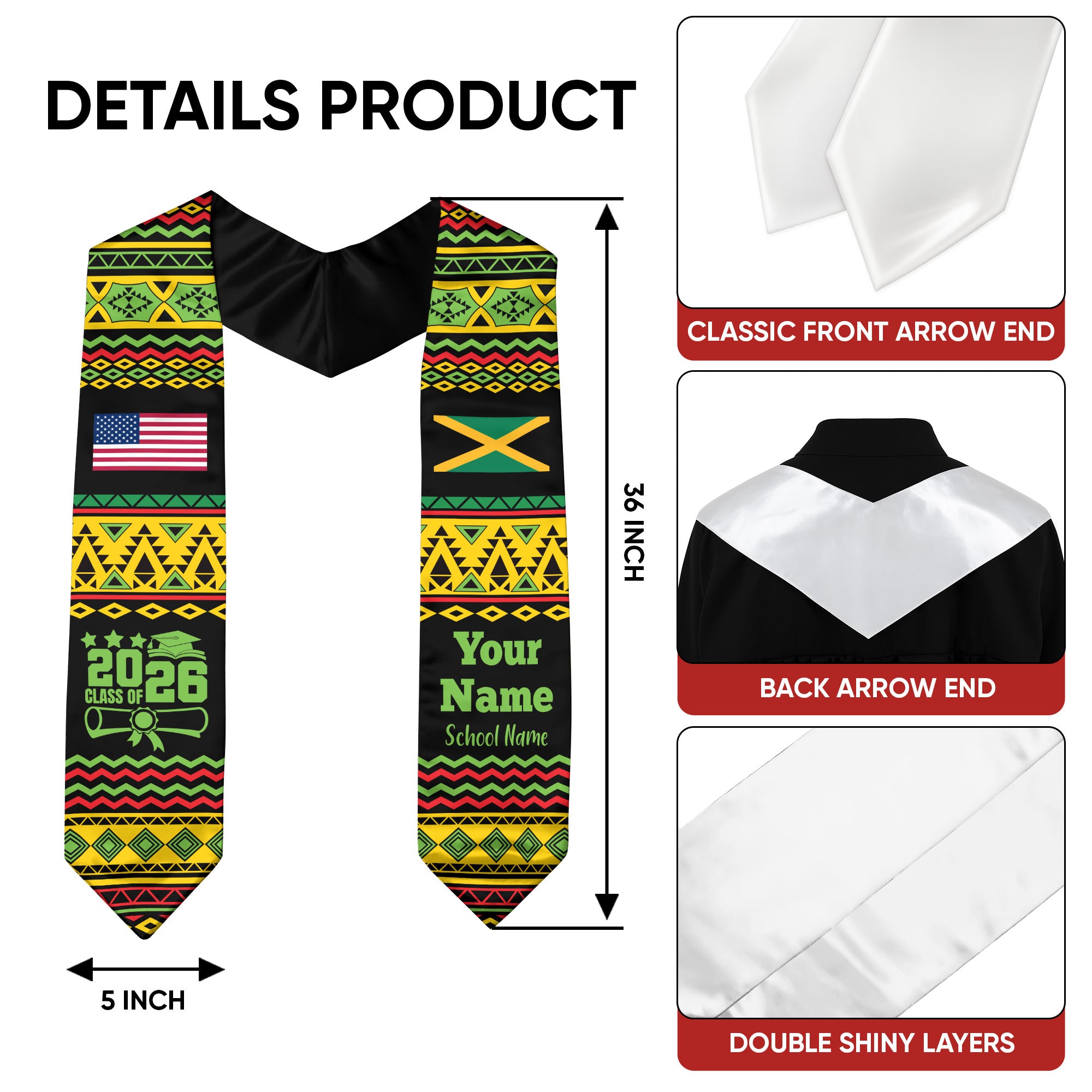 Customized Jamaica Graduation Stole Featuring National Flag Motif, Graduation Sash for Class of 2026