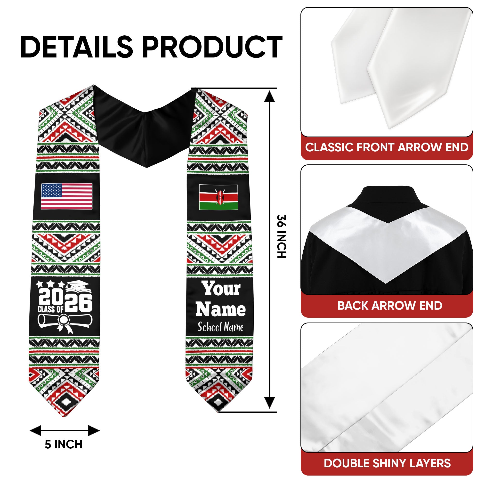 Customized Kenya Graduation Stole Featuring National Flag Motif, Graduation Sash for Class of 2026