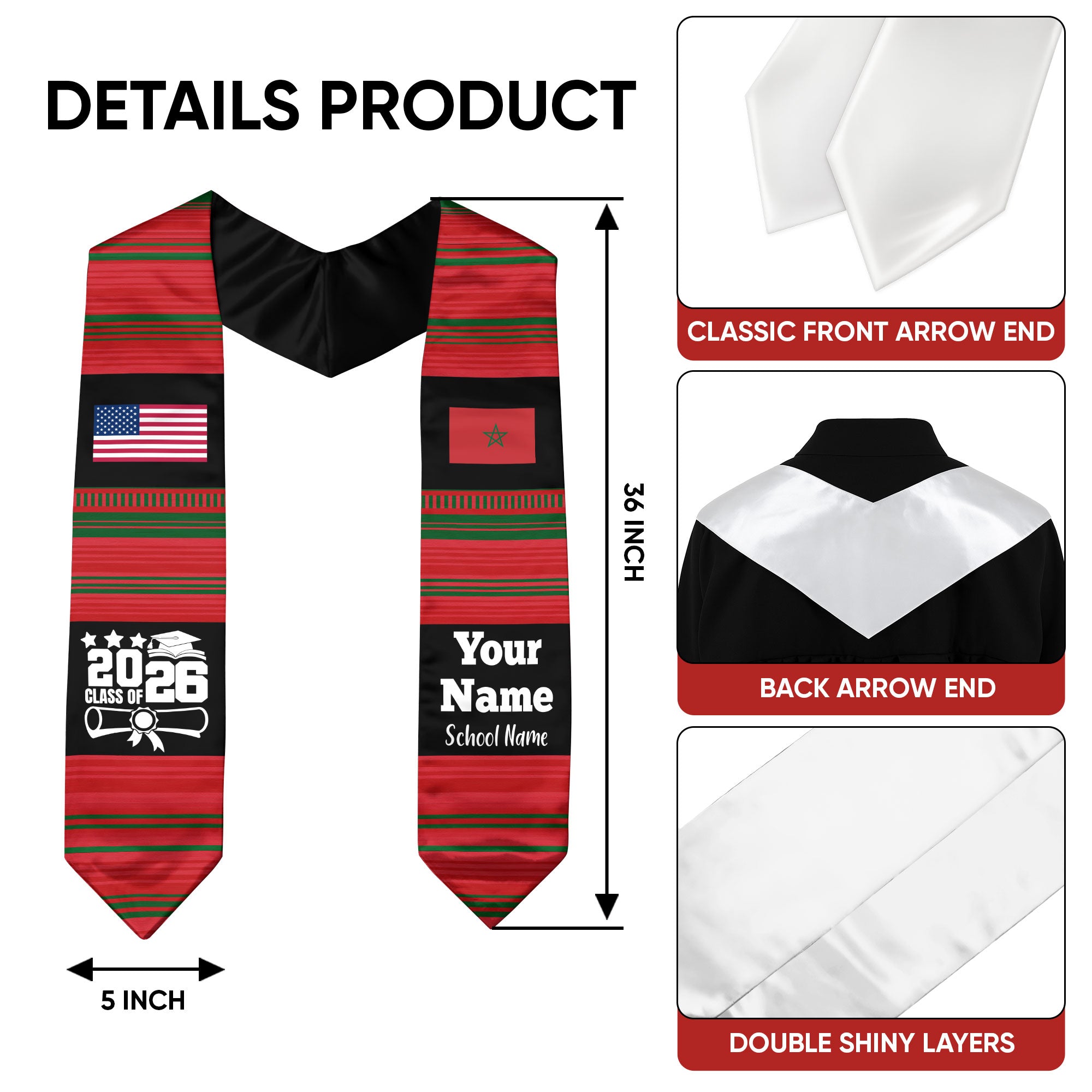 Customized Morocco Graduation Stole Featuring National Flag Motif, Graduation Sash for Class of 2026