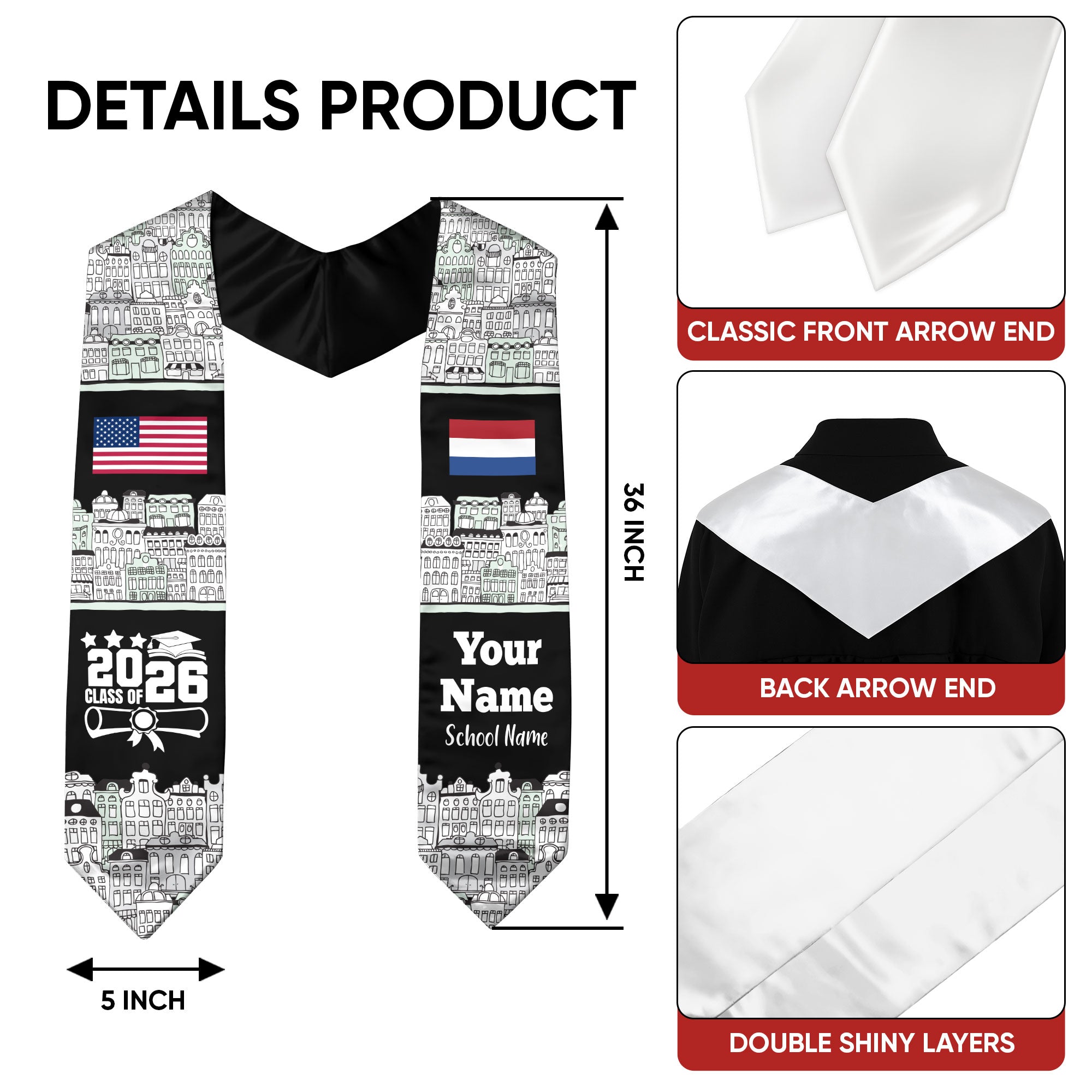 Customized Netherlands Graduation Stole Featuring National Flag Motif, Graduation Sash for Class of 2026