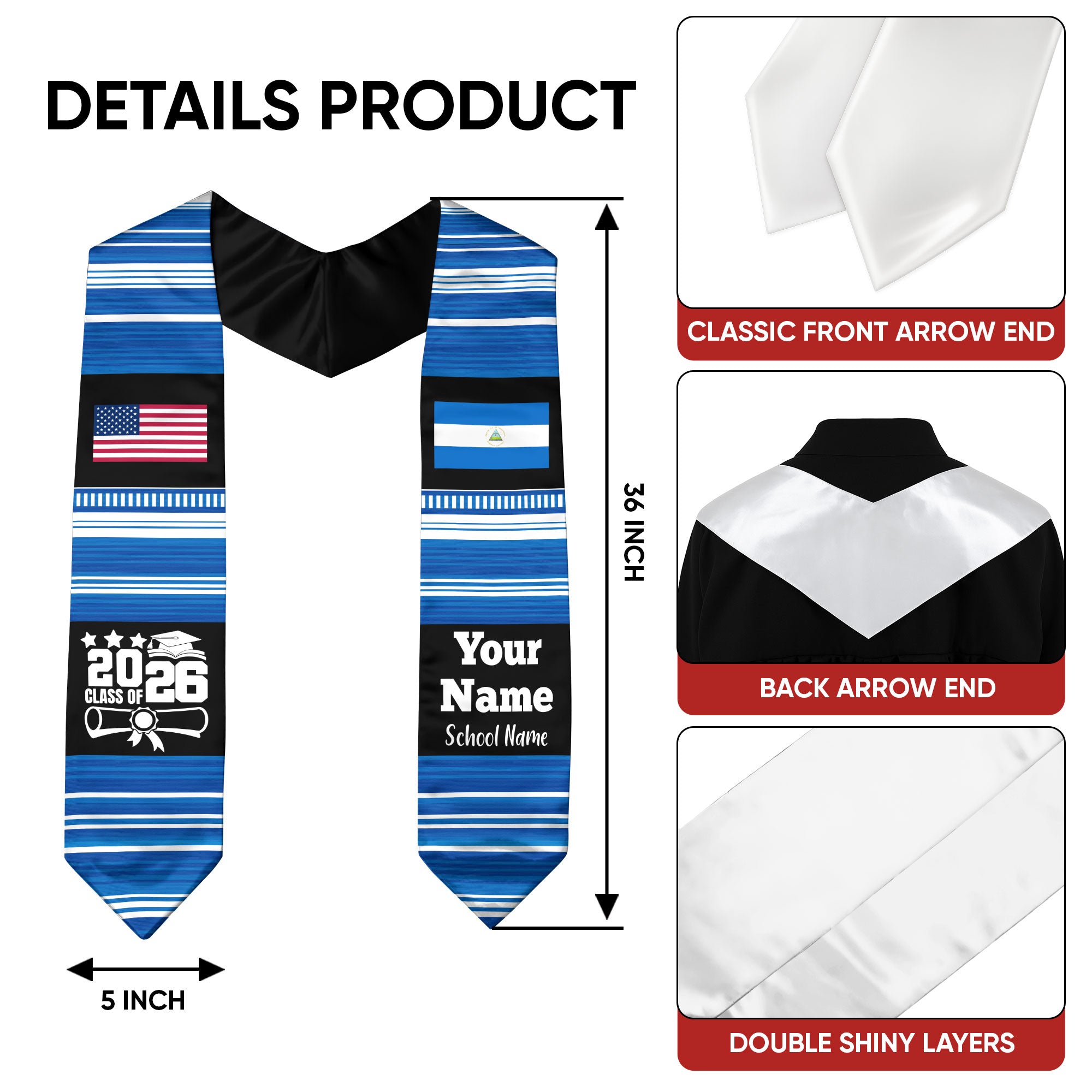Customized Nicaragua Graduation Stole Featuring National Flag Motif, Graduation Sash for Class of 2026
