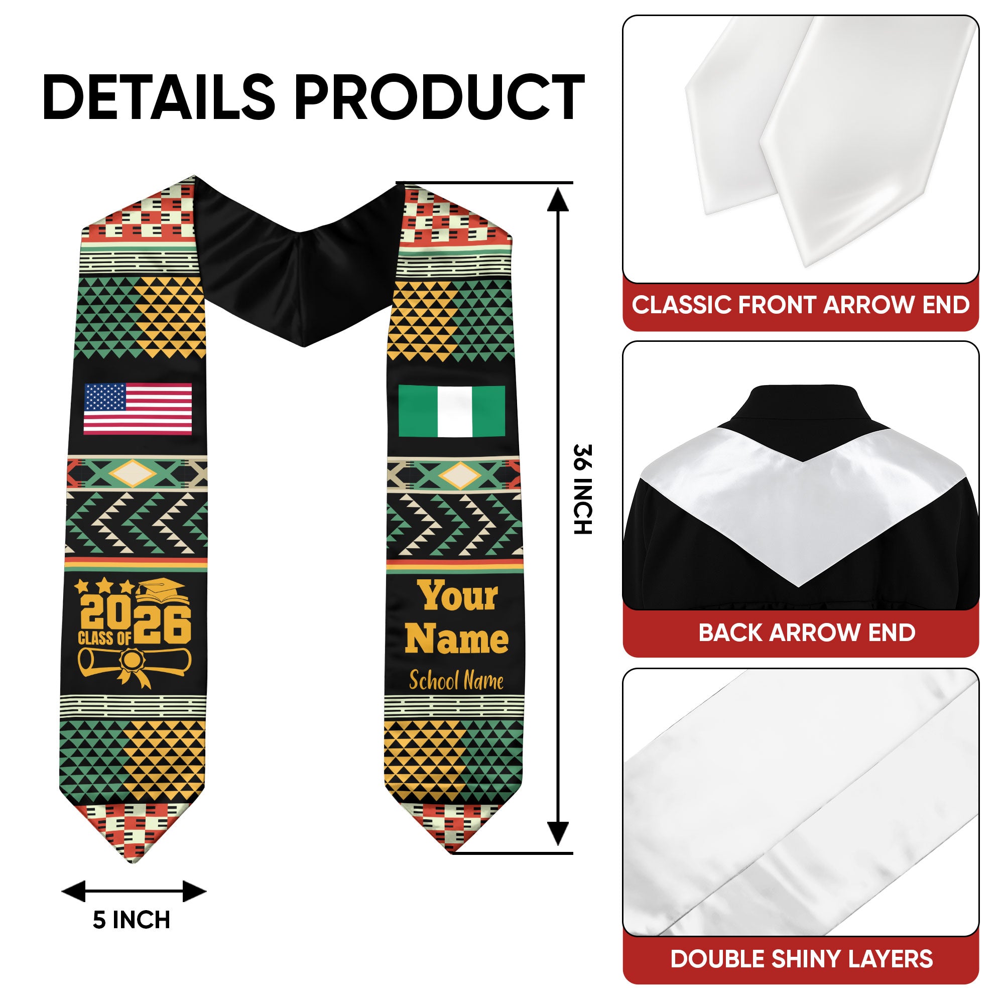 Customized Nigeria Graduation Stole Featuring National Flag Motif, Graduation Sash for Class of 2026