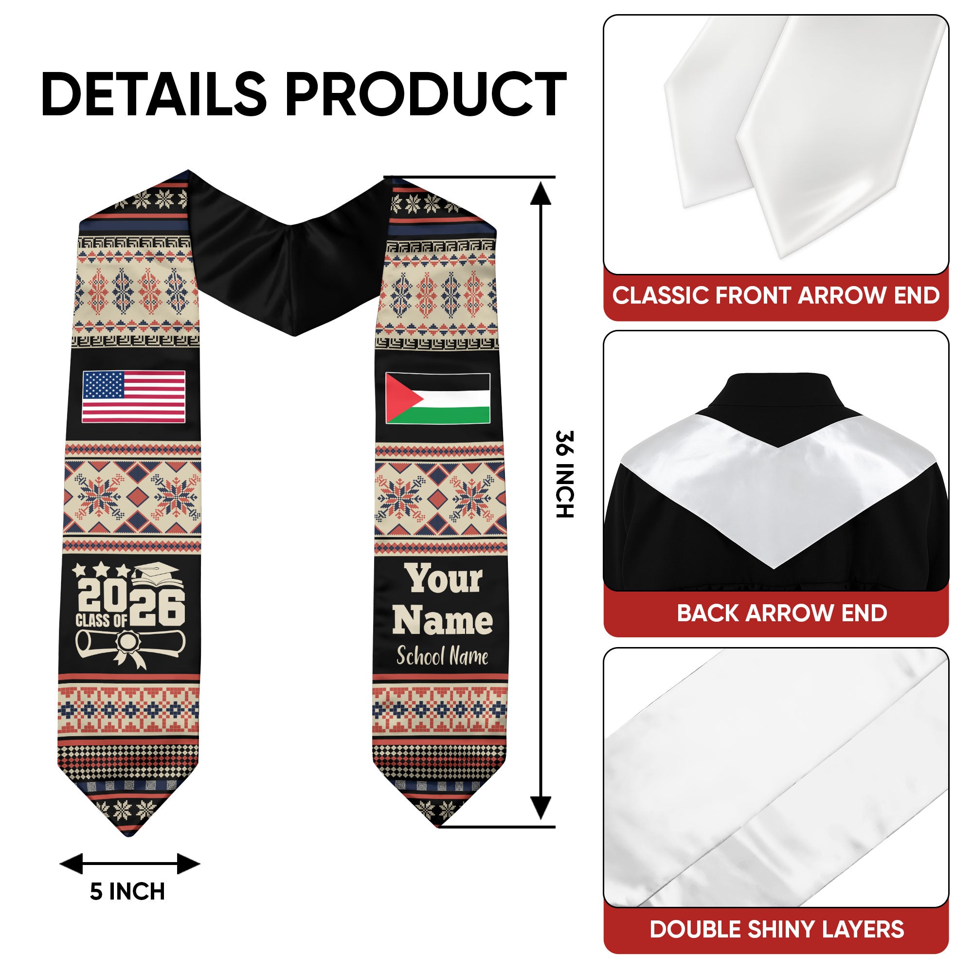 Customized Palestine Graduation Stole Featuring National Flag Motif, Graduation Sash for Class of 2026