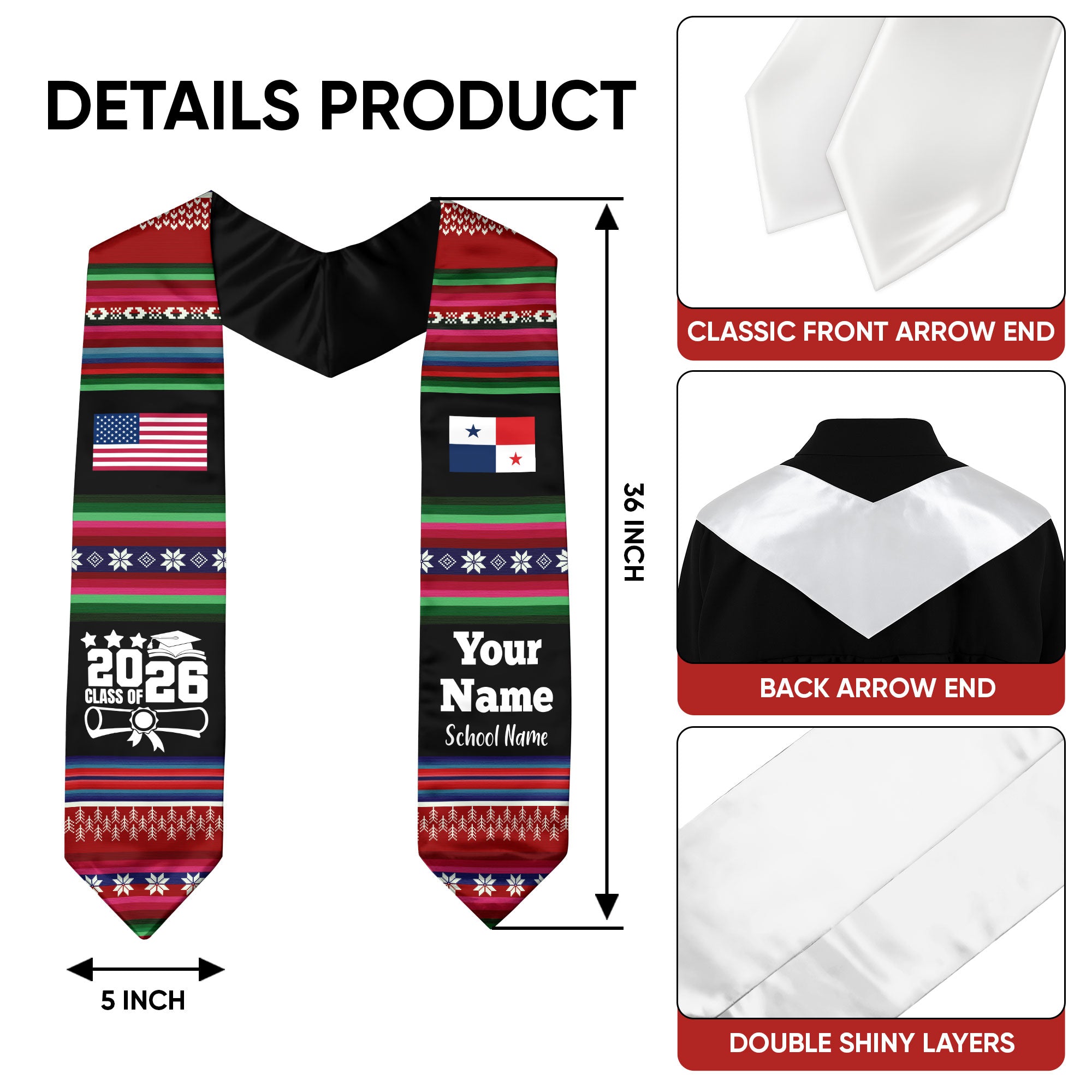Customized Panama Graduation Stole Featuring National Flag Motif, Graduation Sash for Class of 2026
