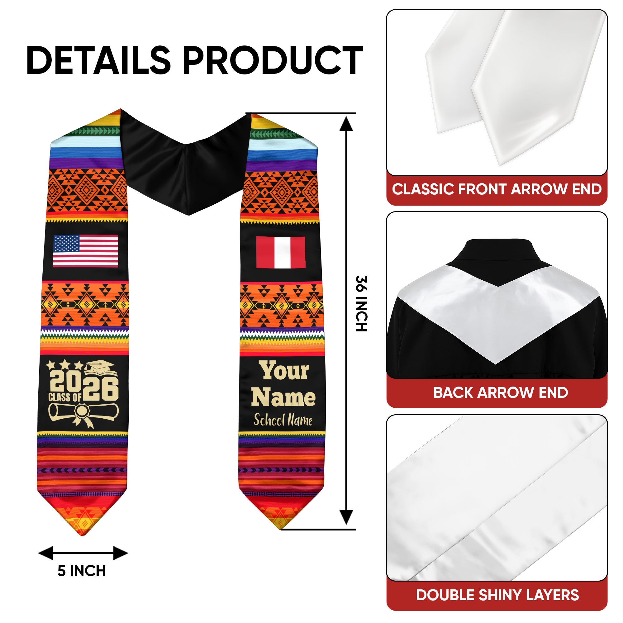 Customized Peru Graduation Stole Featuring National Flag Motif, Graduation Sash for Class of 2026