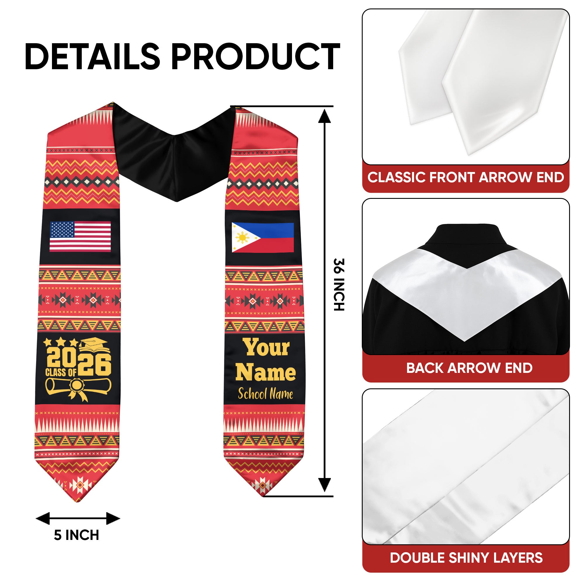 Customized Philippines Graduation Stole Featuring National Flag Motif, Graduation Sash for Class of 2026