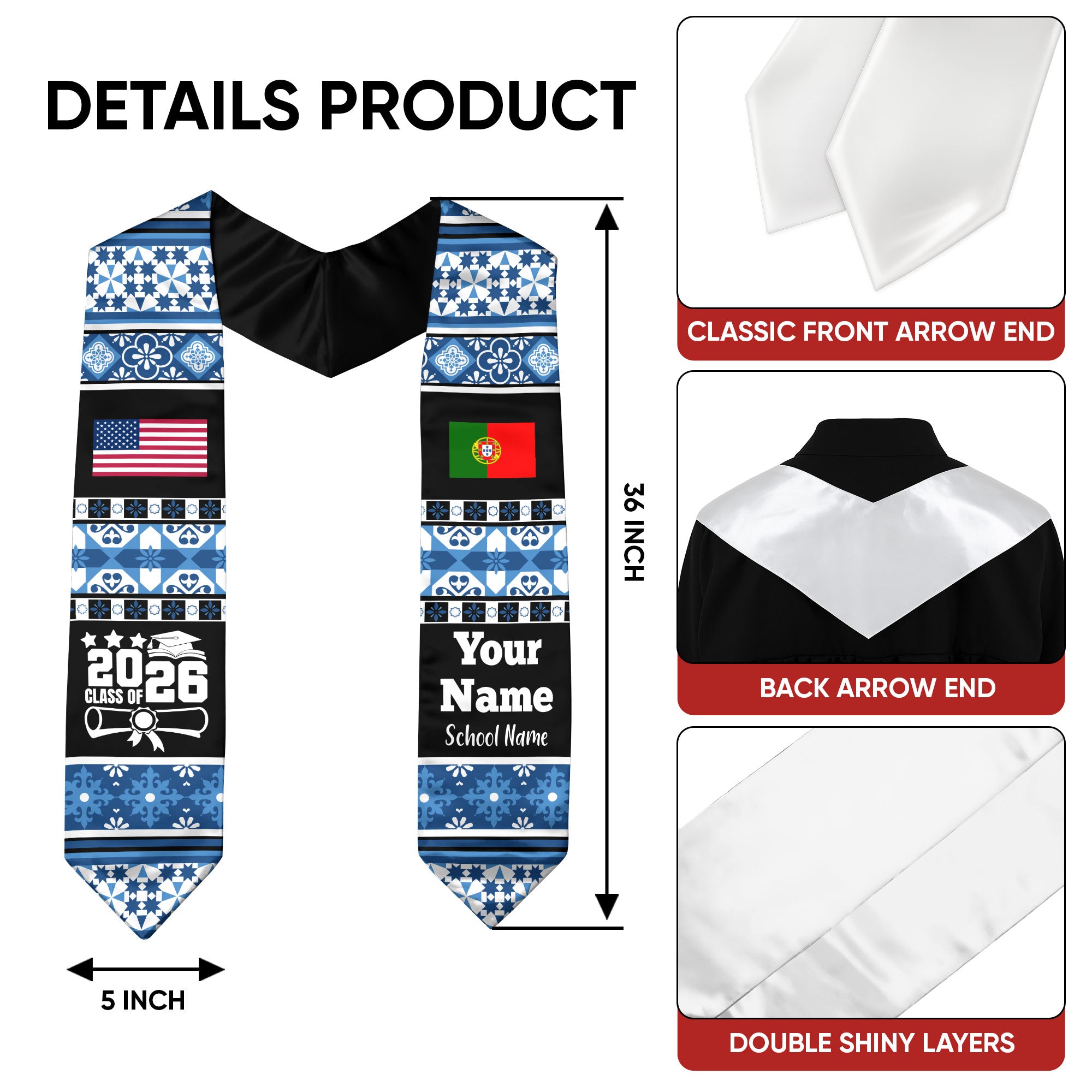 Customized Portugal Graduation Stole Featuring National Flag Motif, Graduation Sash for Class of 2026