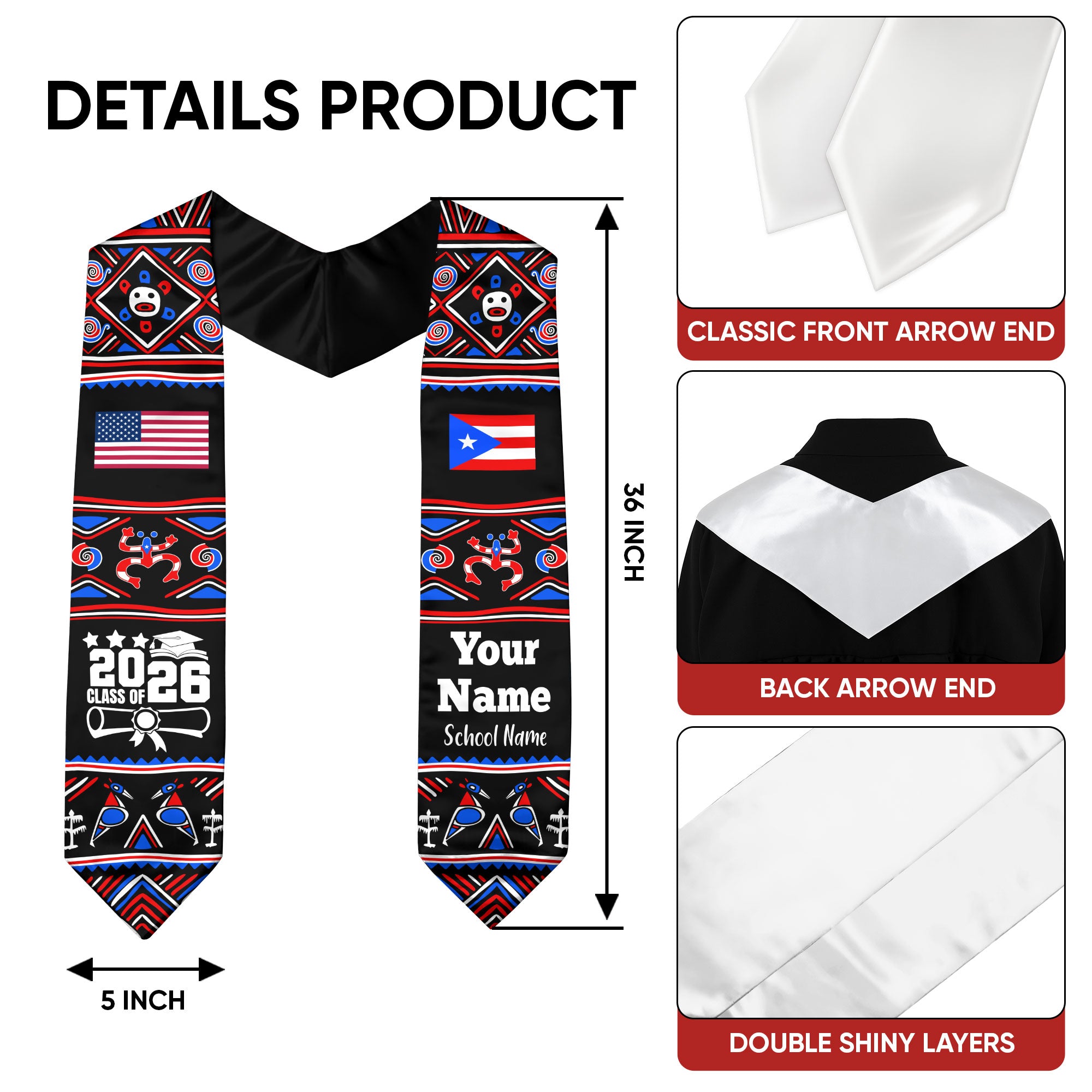 Customized Puerto Rico Graduation Stole Featuring National Flag Motif, Graduation Sash for Class of 2026