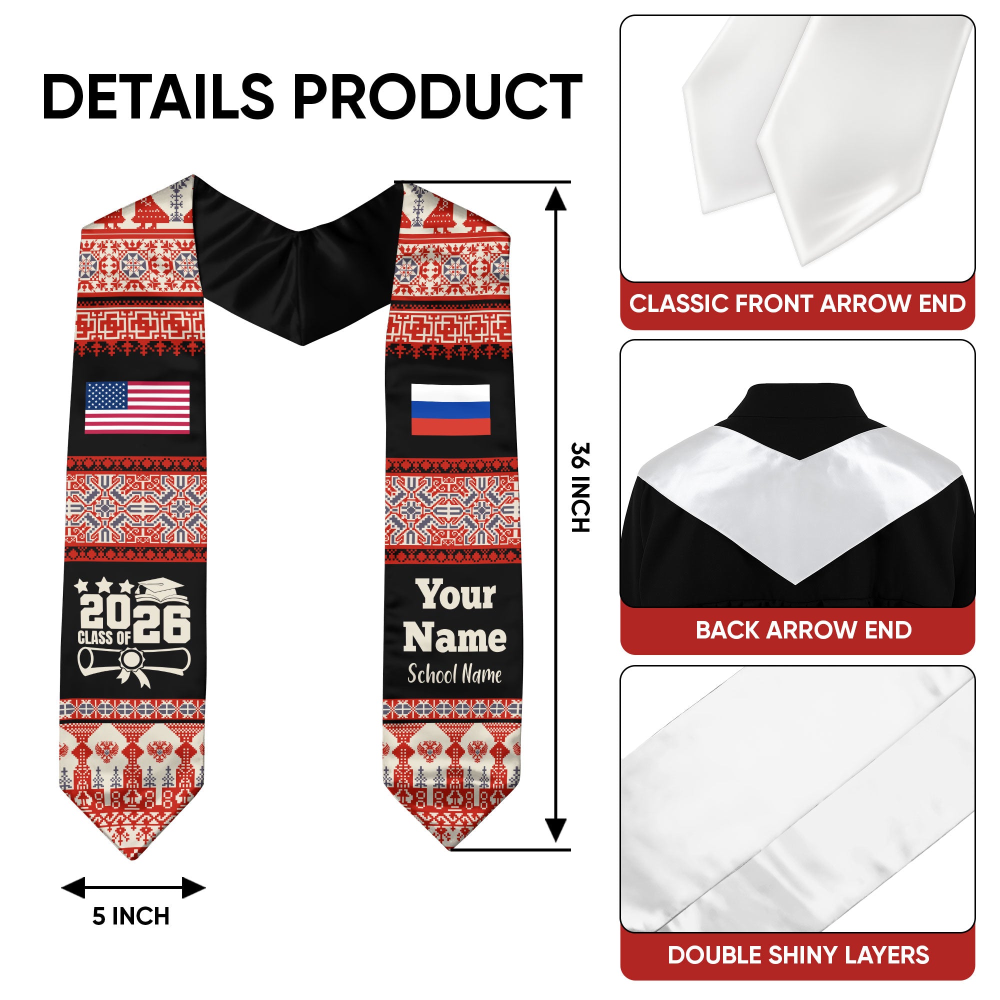 Customized Russia Graduation Stole Featuring National Flag Motif, Graduation Sash for Class of 2026