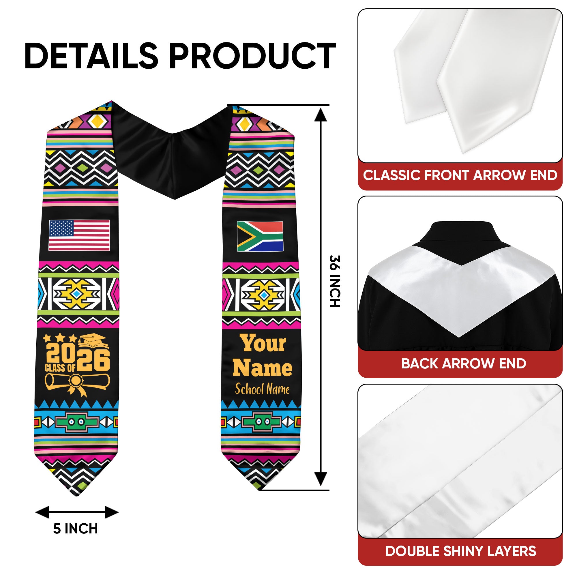 Customized South Africa Graduation Stole Featuring National Flag Motif, Graduation Sash for Class of 2026