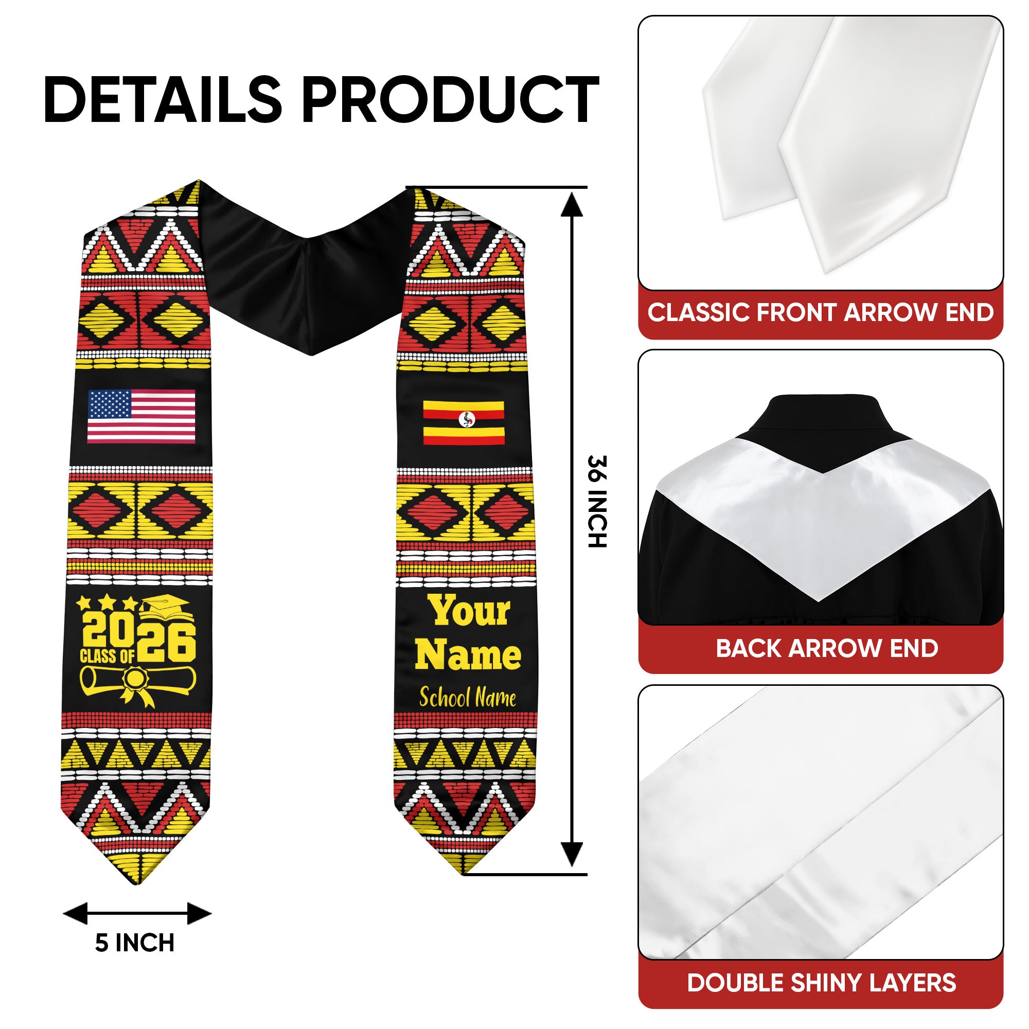 Customized Uganda Graduation Stole Featuring National Flag Motif, Graduation Sash for Class of 2026