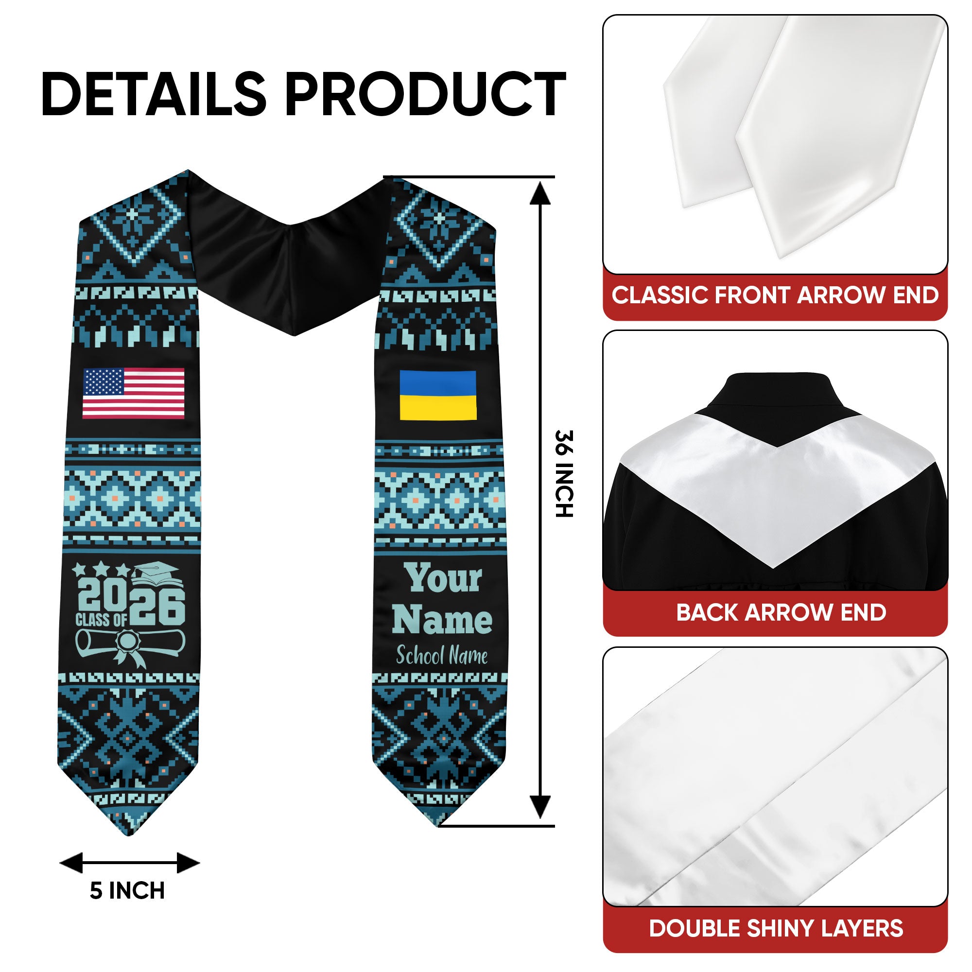 Customized Ukraine Graduation Stole Featuring National Flag Motif, Graduation Sash for Class of 2026