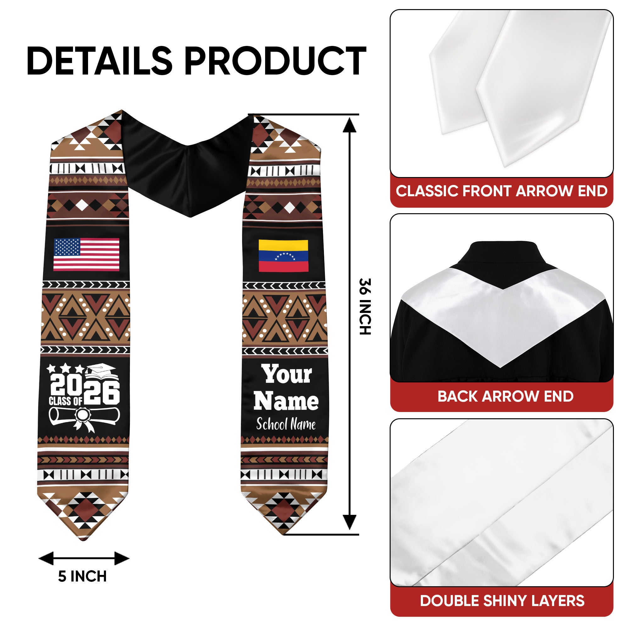 Customized Venezuela Graduation Stole Featuring National Flag Motif, Graduation Sash for Class of 2026