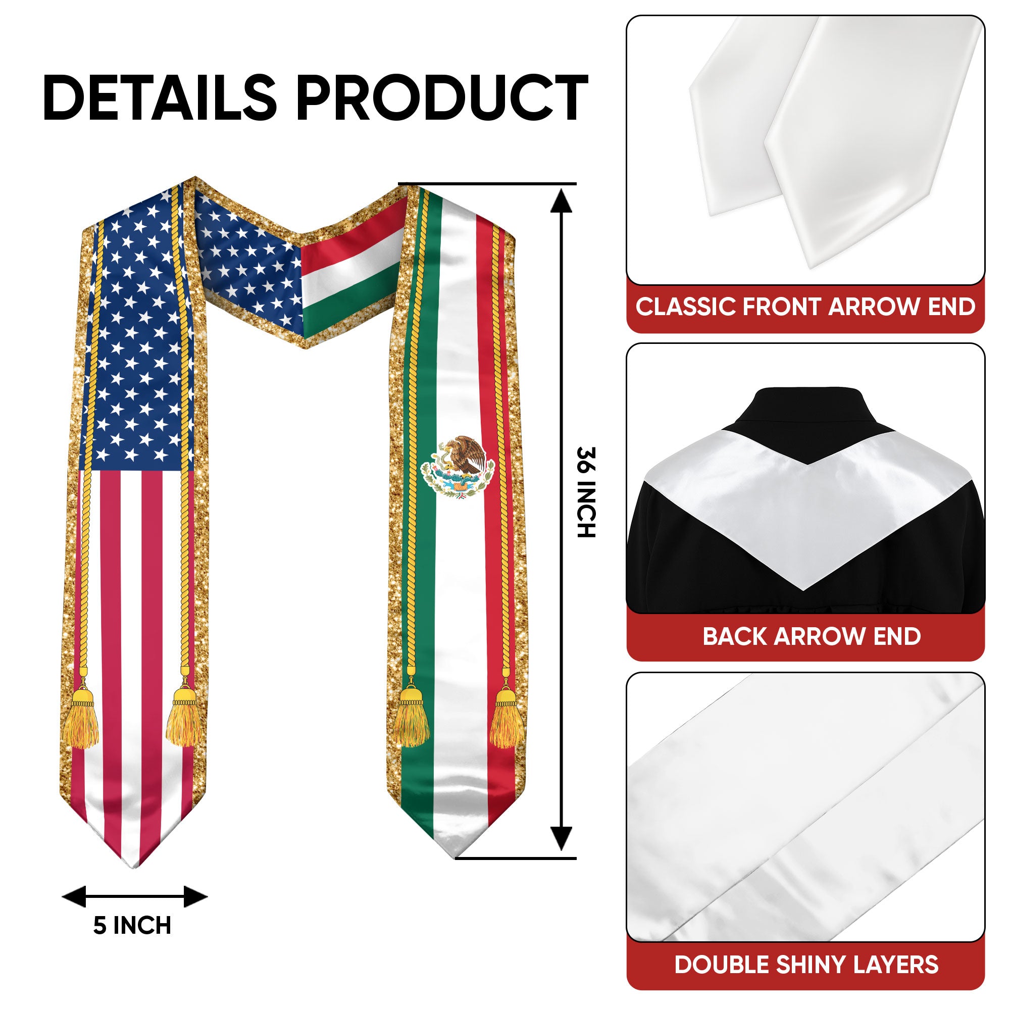 Mexico Graduation Stole 2026, Mexican Stole, Mexican Grad Sash, Mexican Am Flag Sash