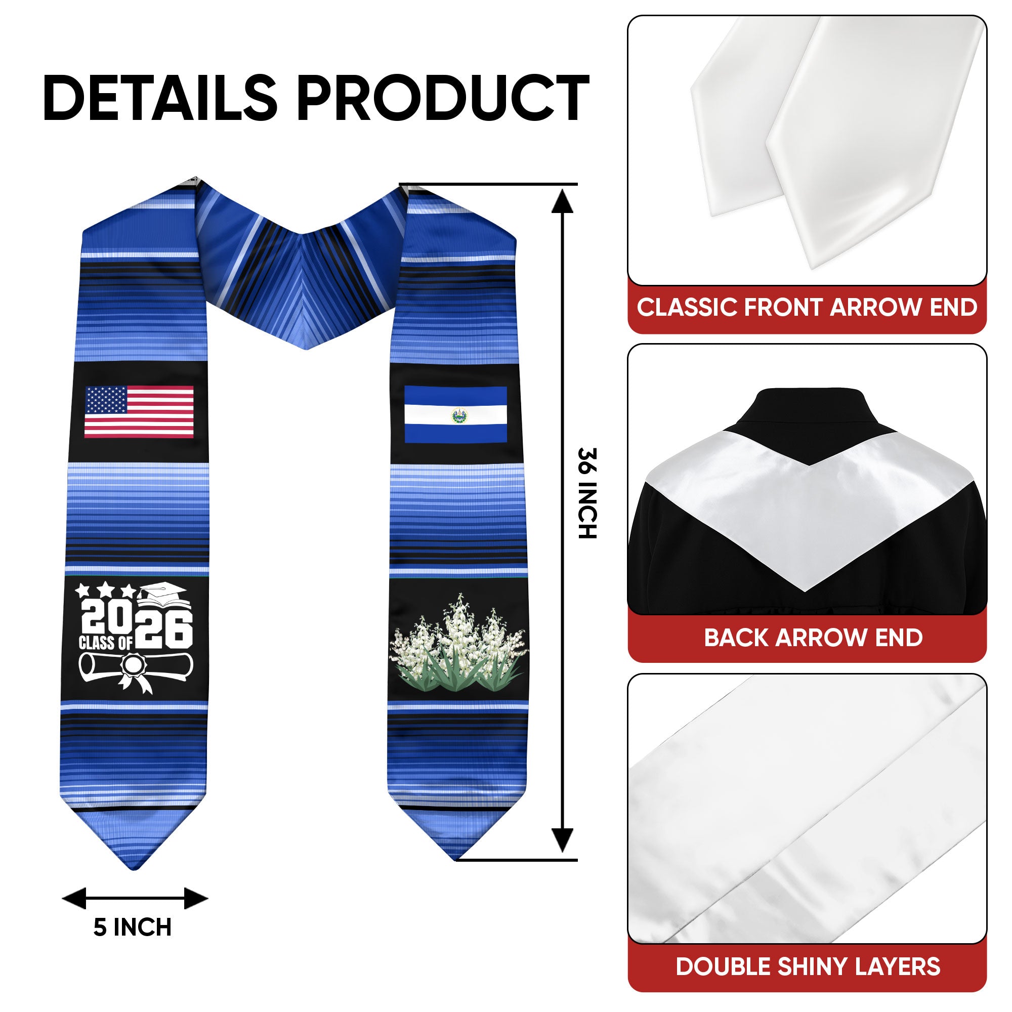 El Salvador Graduation Stole 2026, Salvadoran Flag Graduation Sash, Classic Academic Stole for Graduates