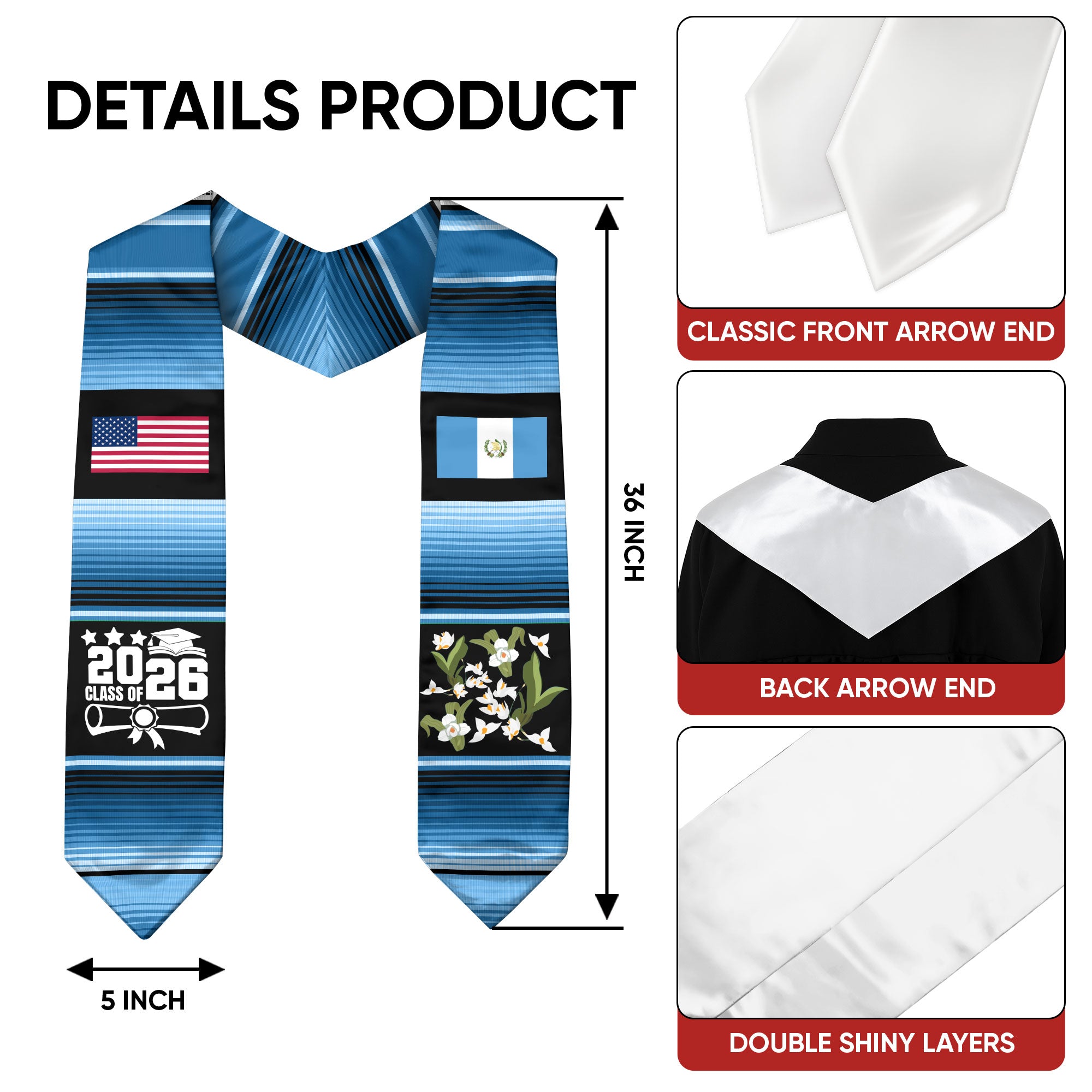 Guatemalan Graduation Stole 2026, Guatemala Flag Sash, Formal Graduation Stole Style