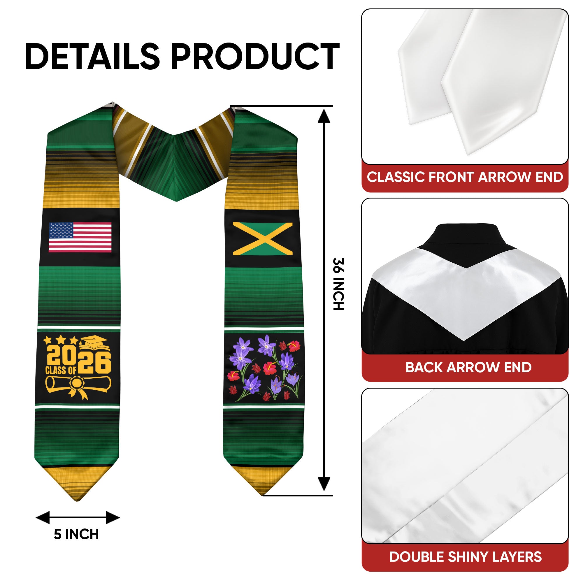Jamaican Graduation Stole 2026, Jamaica Flag Sash, Formal Academic Graduation Accessory